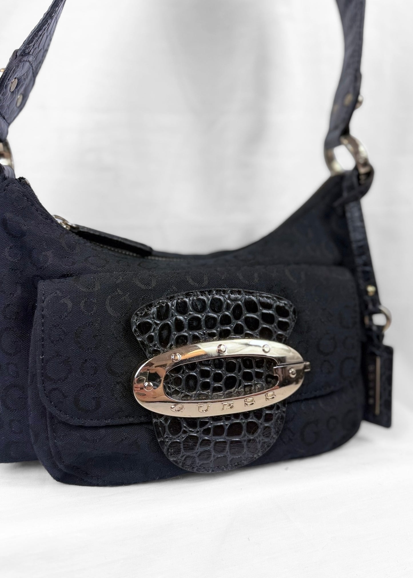 Vintage Guess Bag in Black Monogram Croco and Silver