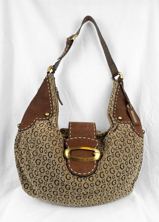 Vintage RARE Guess Bag in Brown Suede Monogram and Gold