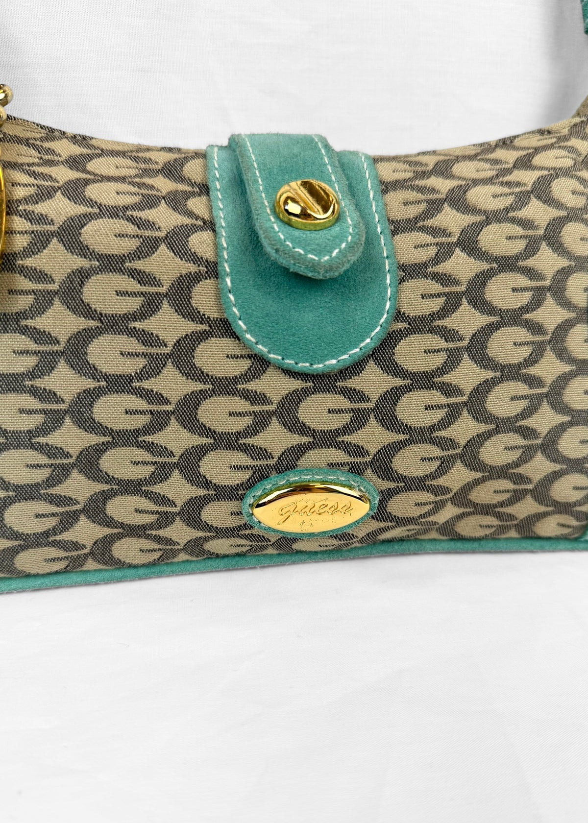 RARE Vintage Guess Bag Turquoise Suede Gold Details