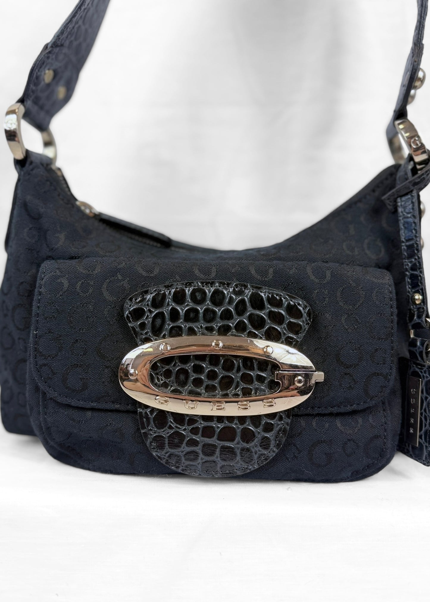 Vintage Guess Bag in Black Monogram Croco and Silver