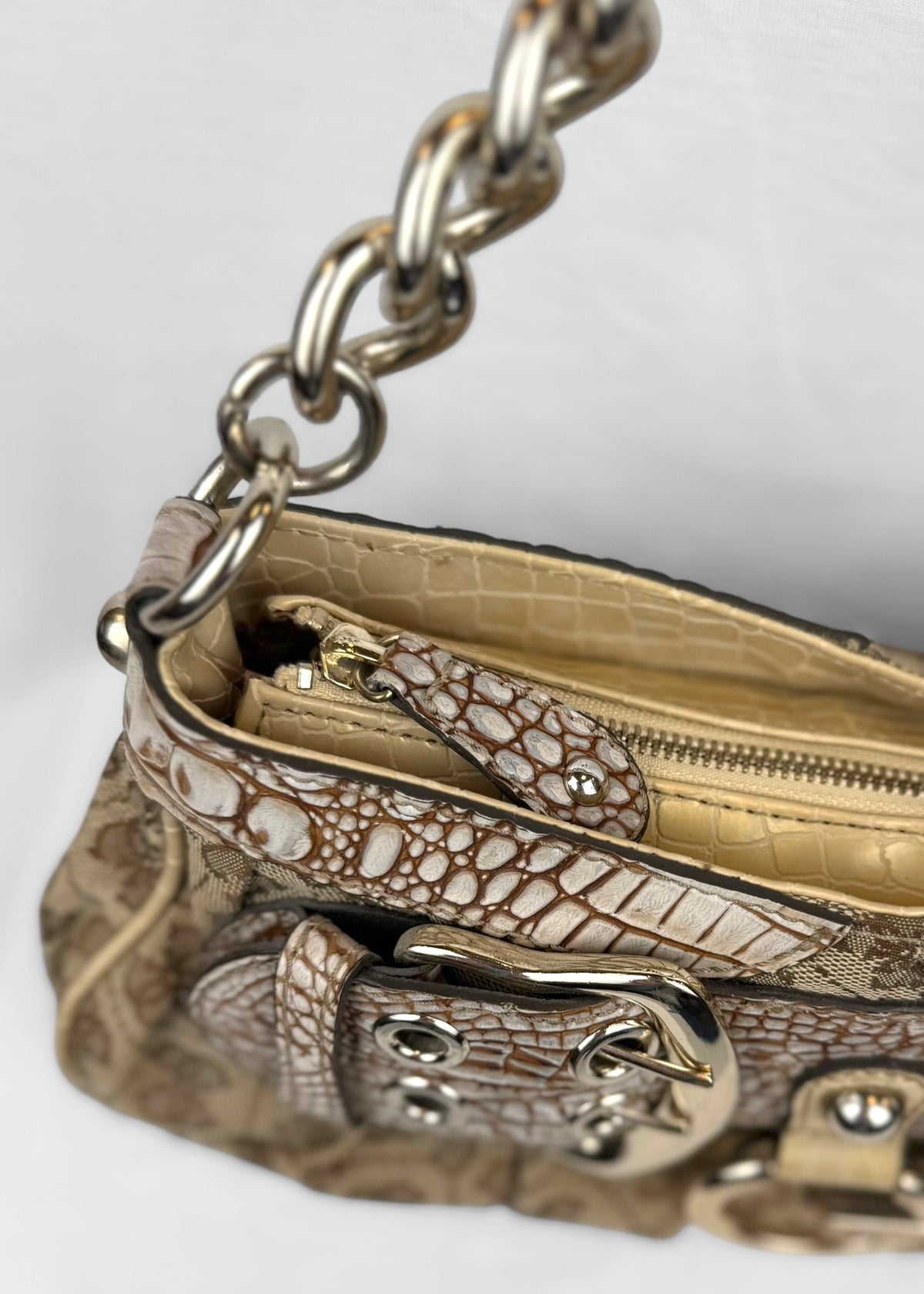 Vintage Guess Bag Cream Croco Belt Detail Silver