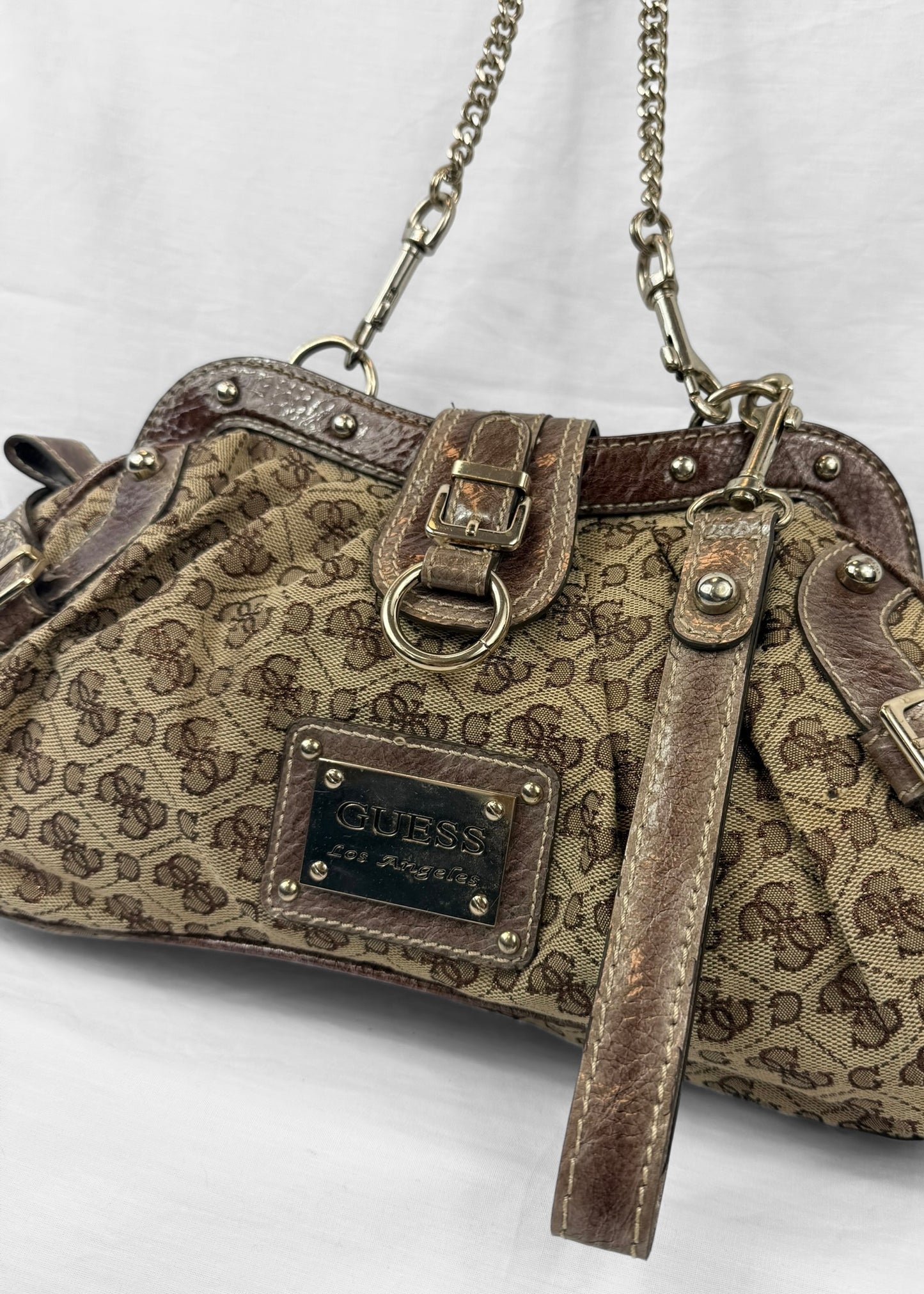 Rare Vintage Guess Bag in Brown Monogram and Silver Chain