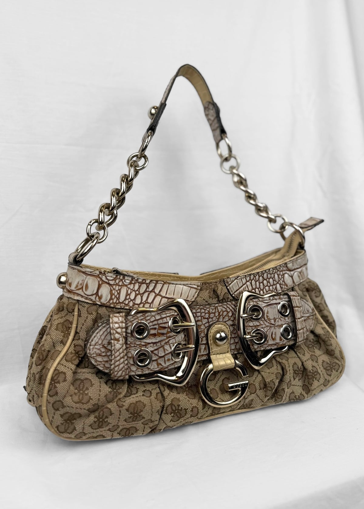 Vintage Guess Bag Cream Croco Belt Detail Silver
