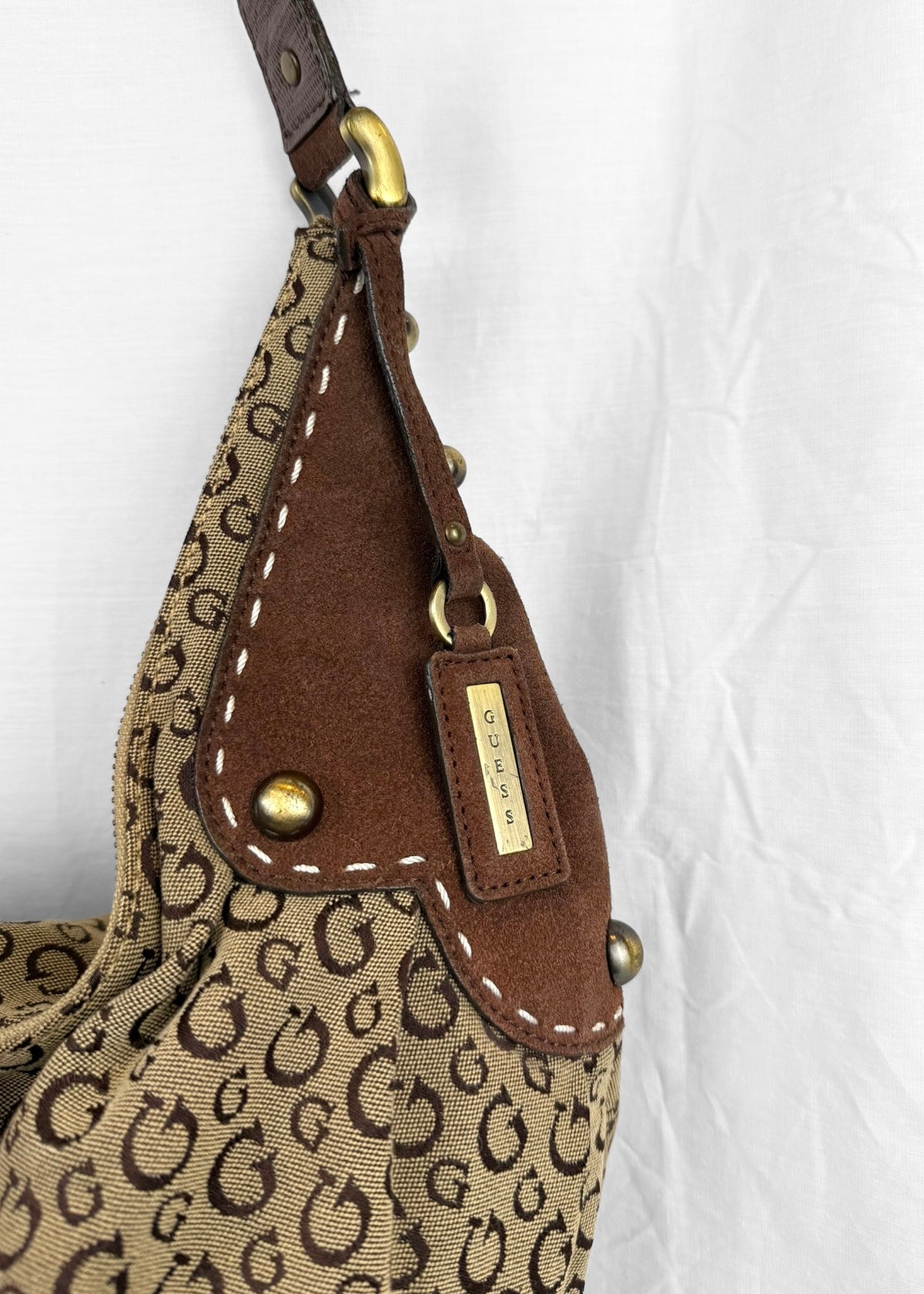 Vintage RARE Guess Bag in Brown Suede Monogram and Gold