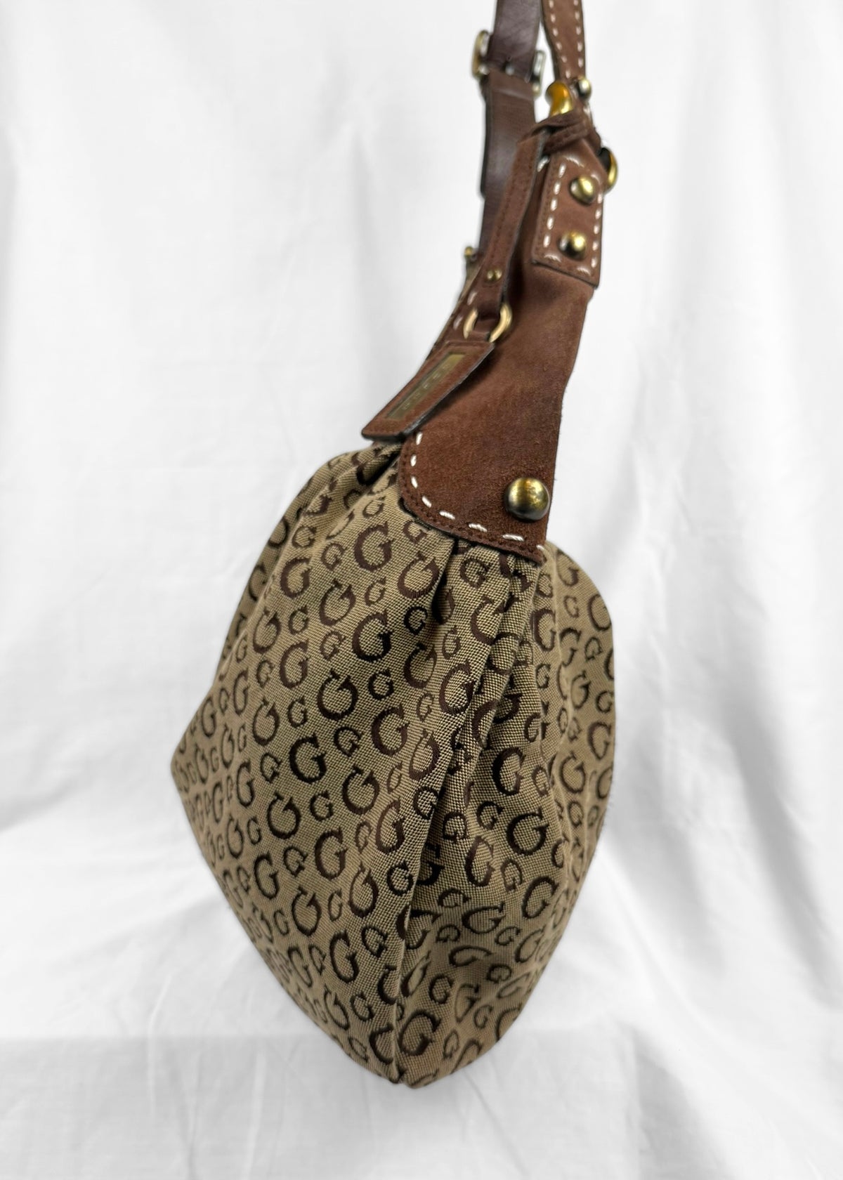 Vintage RARE Guess Bag in Brown Suede Monogram and Gold