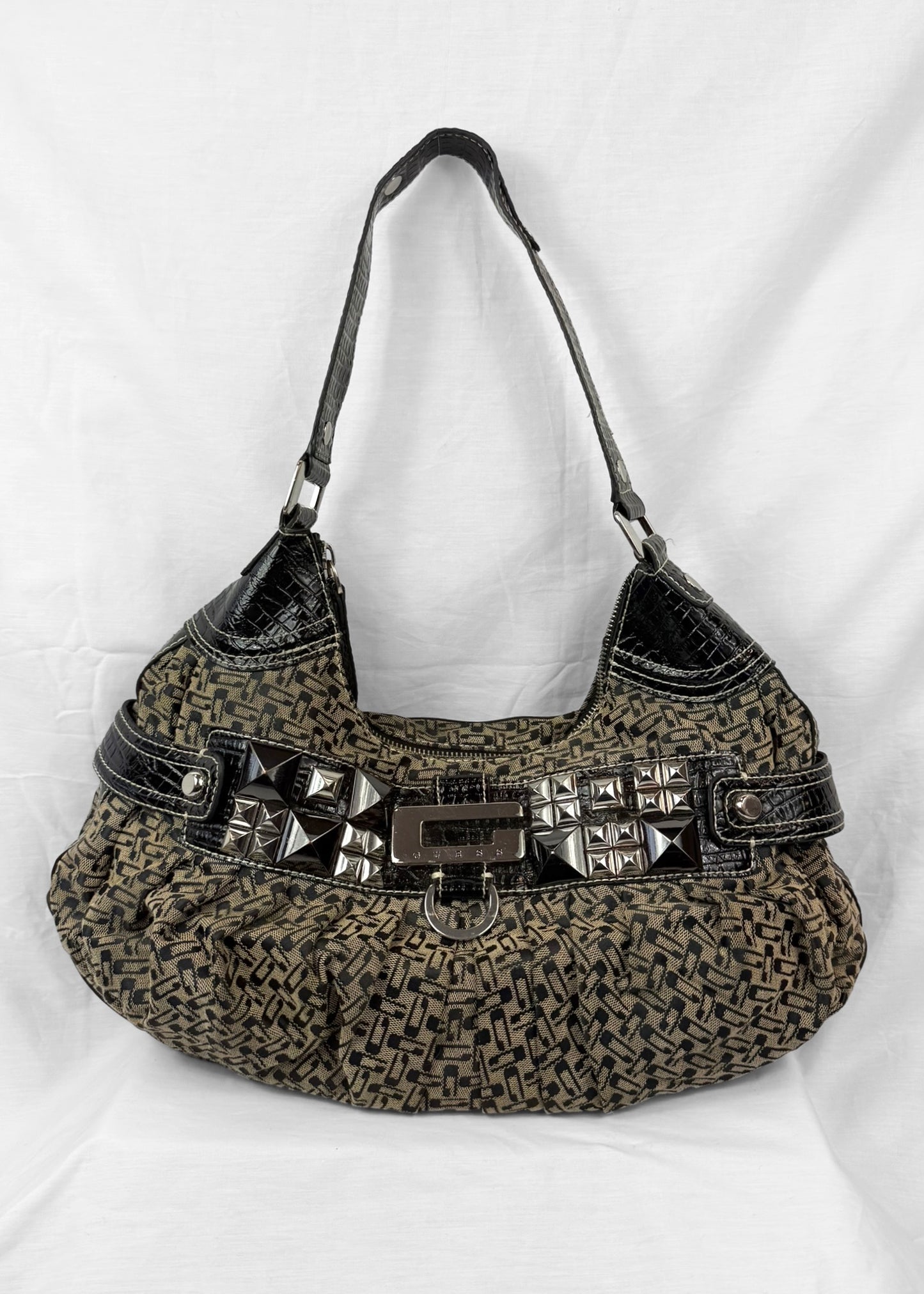 Vintage Guess Black Monogram Studded Shoulderbag