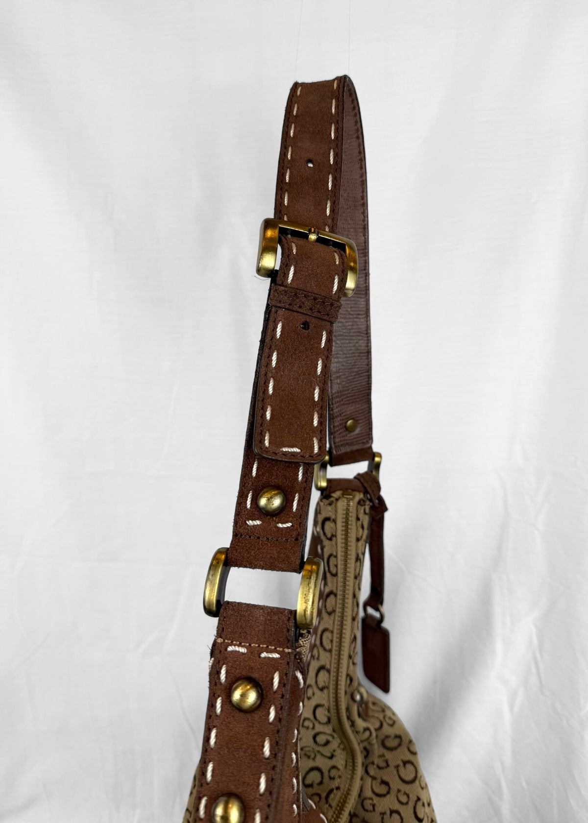 Vintage RARE Guess Bag in Brown Suede Monogram and Gold
