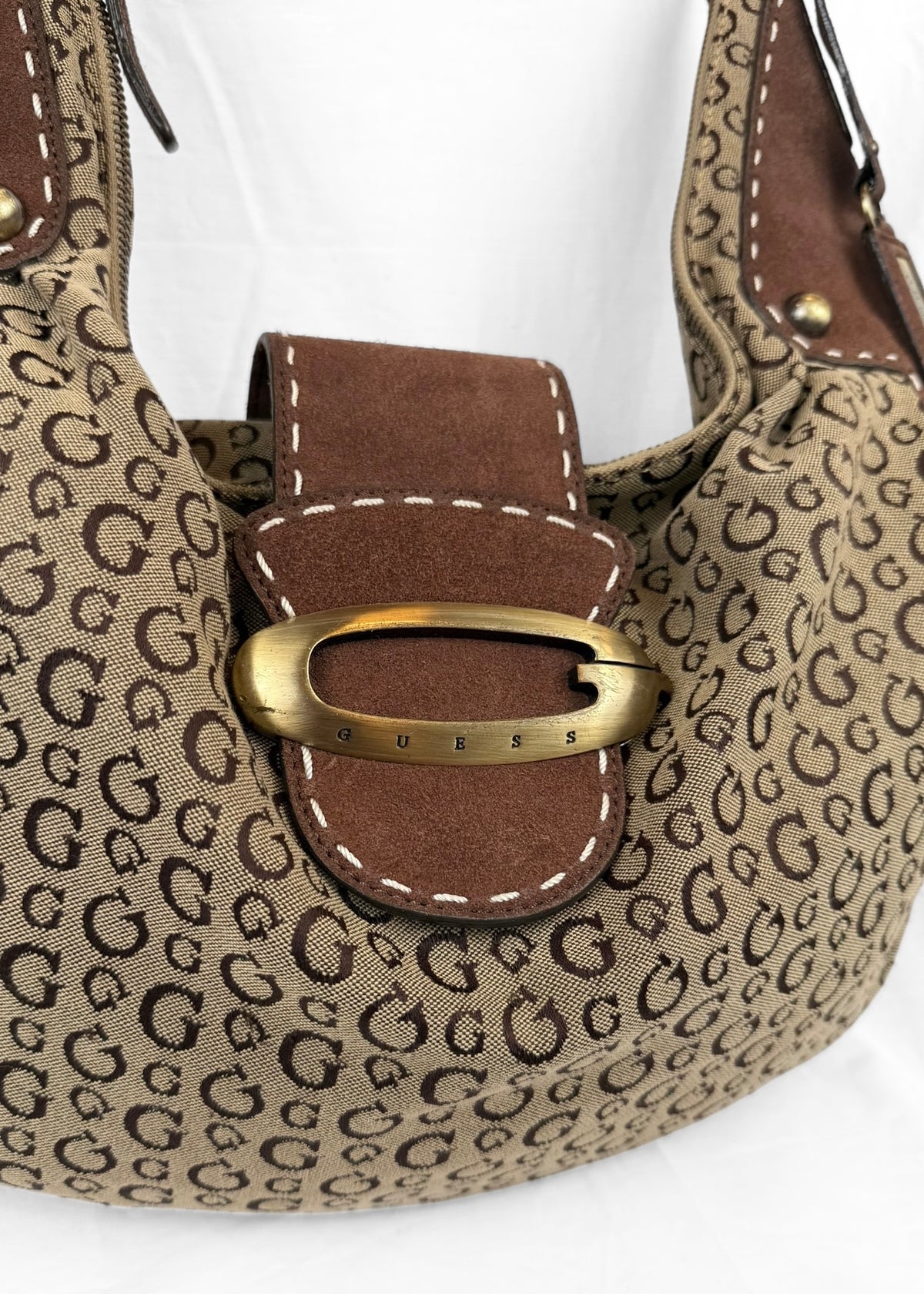 Vintage RARE Guess Bag in Brown Suede Monogram and Gold