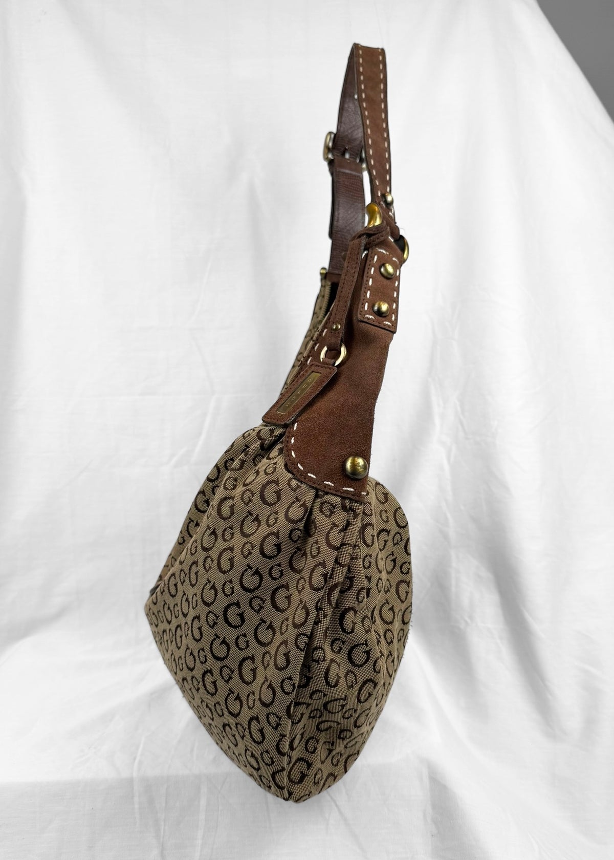 Vintage RARE Guess Bag in Brown Suede Monogram and Gold