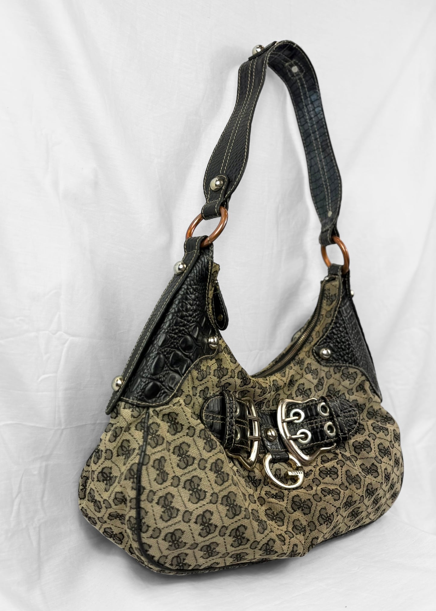 Rare Vintage Guess Y2K Shoulderbag in Croco Black Monogram G Buckle