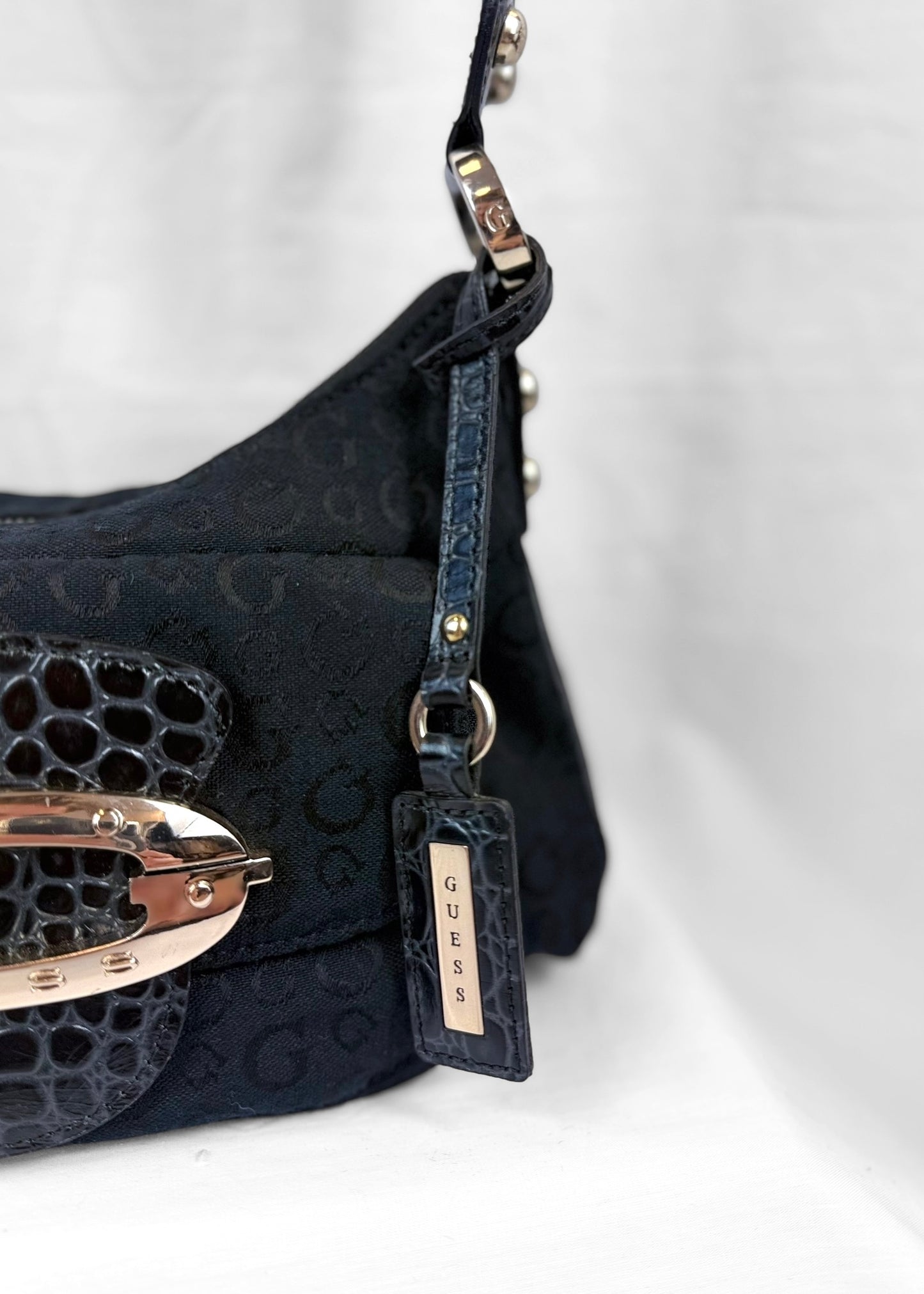 Vintage Guess Bag in Black Monogram Croco and Silver