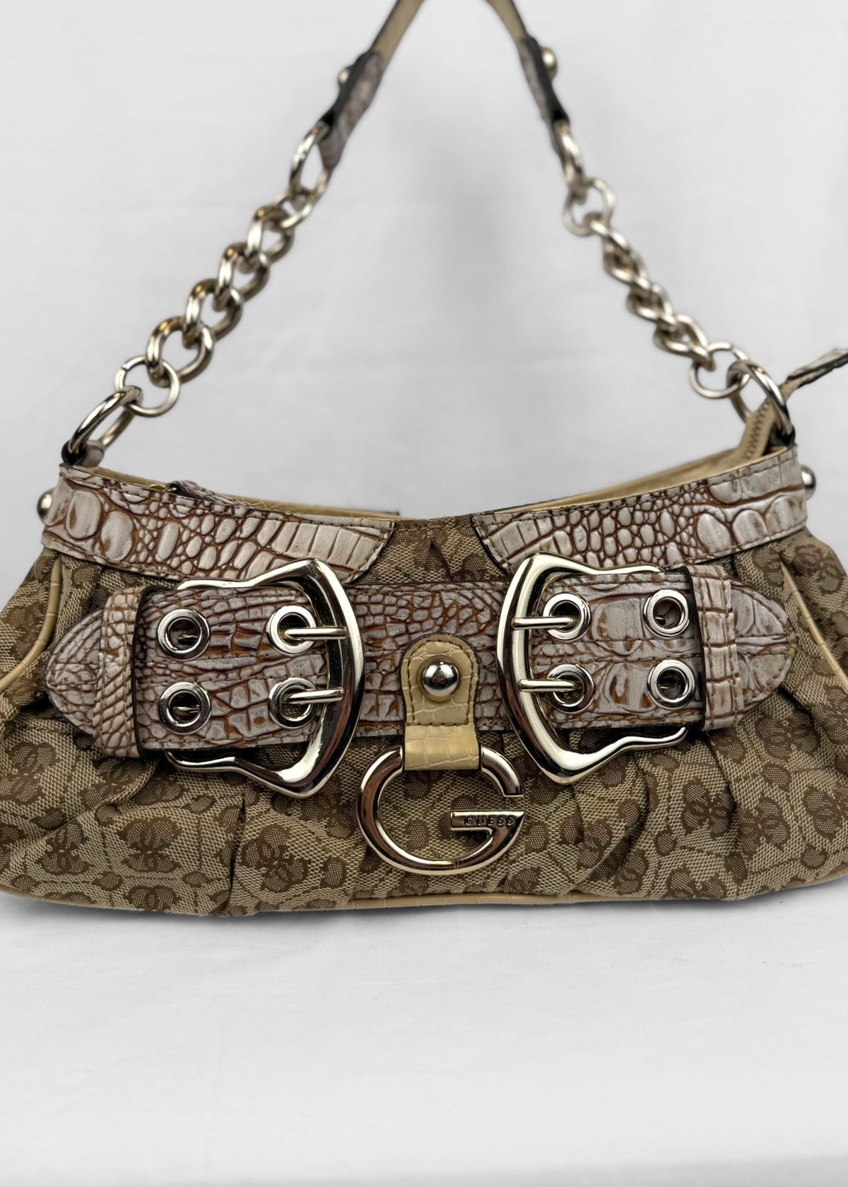 Vintage Guess Bag Cream Croco Belt Detail Silver