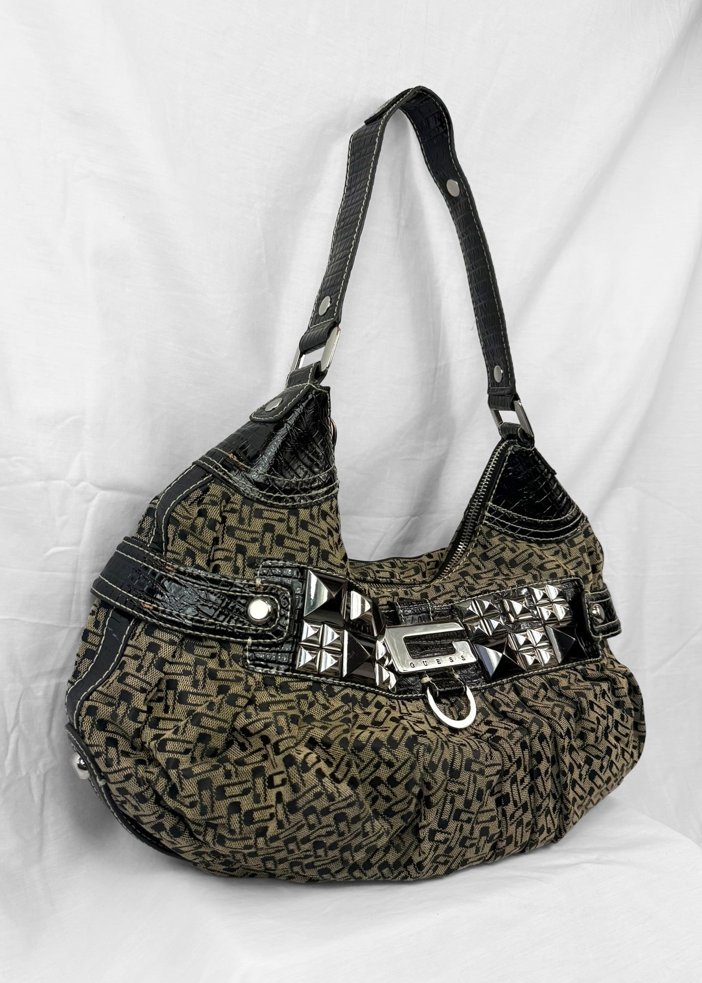 Vintage Guess Black Monogram Studded Shoulderbag