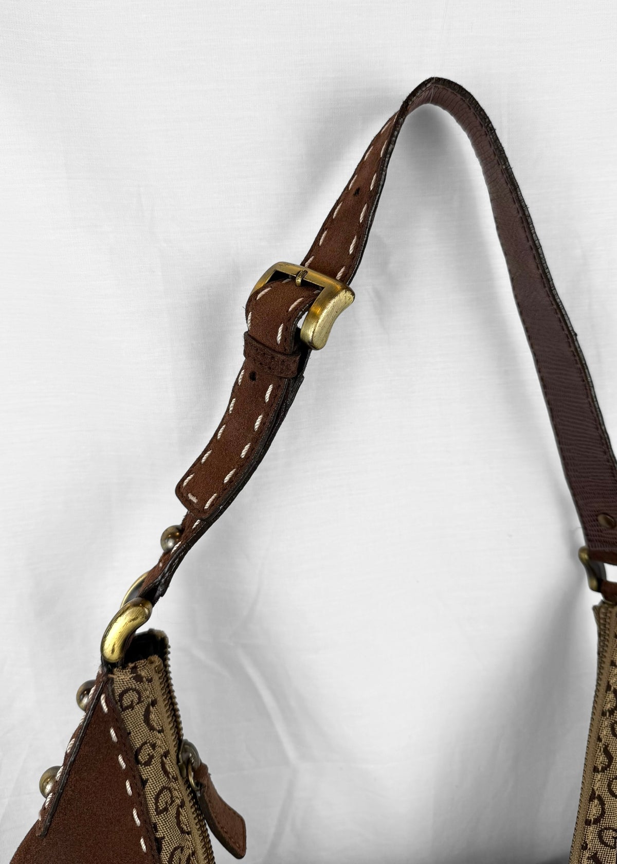 Vintage RARE Guess Bag in Brown Suede Monogram and Gold