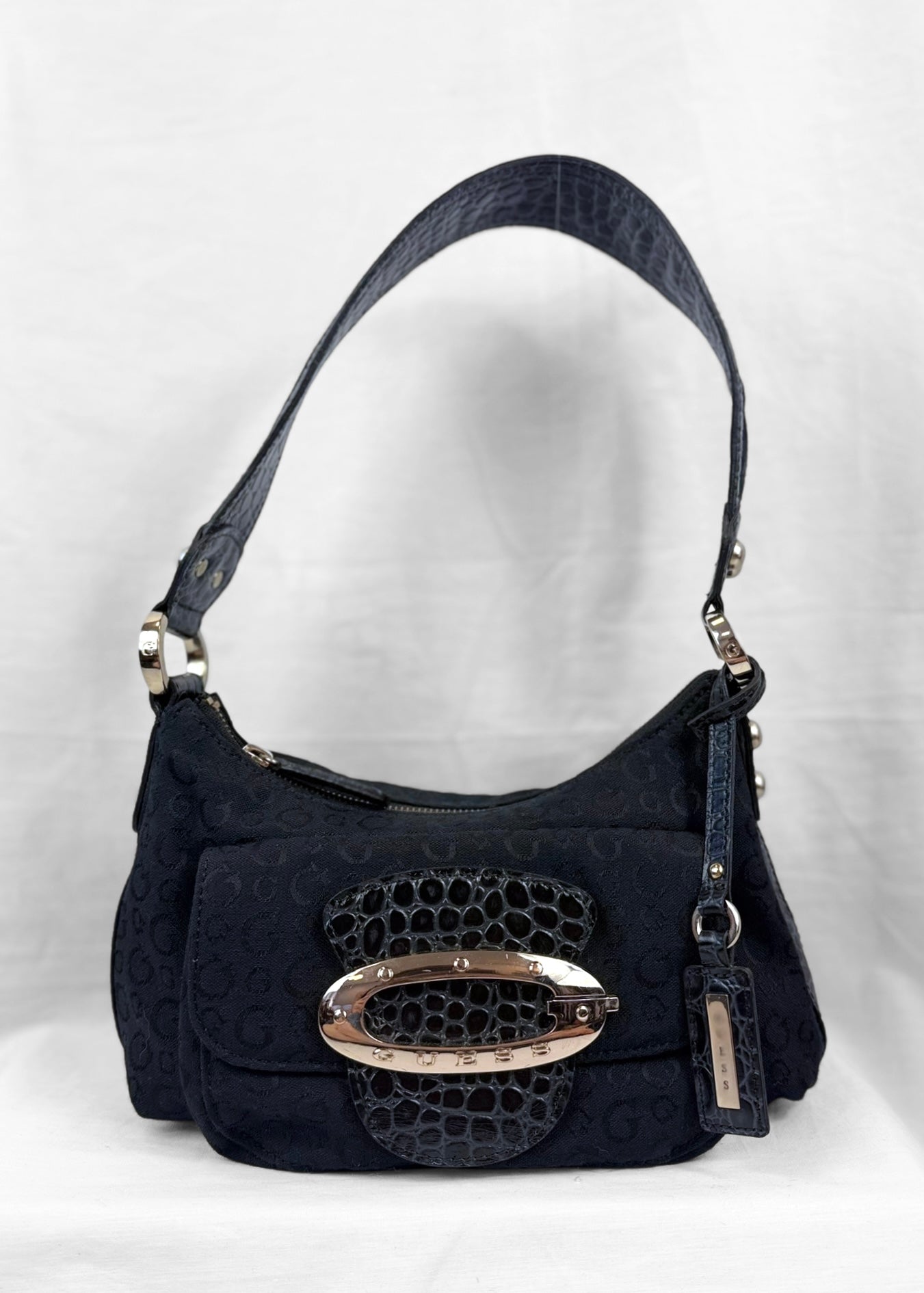 Vintage Guess Bag in Black Monogram Croco and Silver