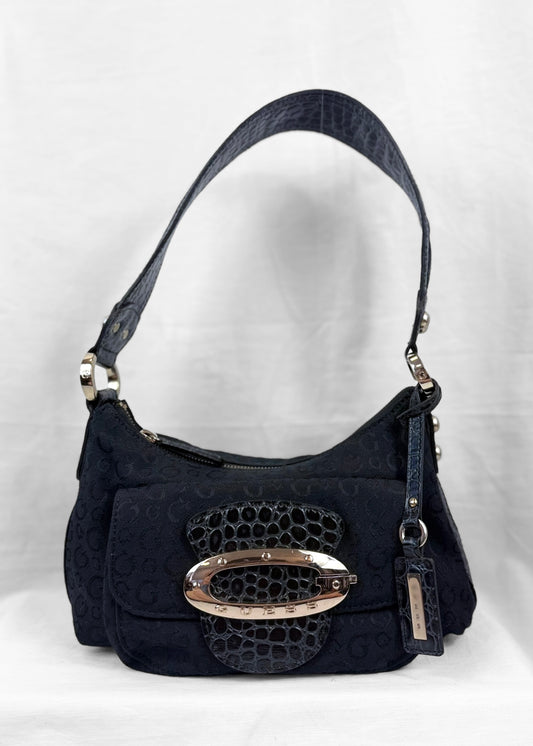 Vintage Guess Bag in Black Monogram Croco and Silver