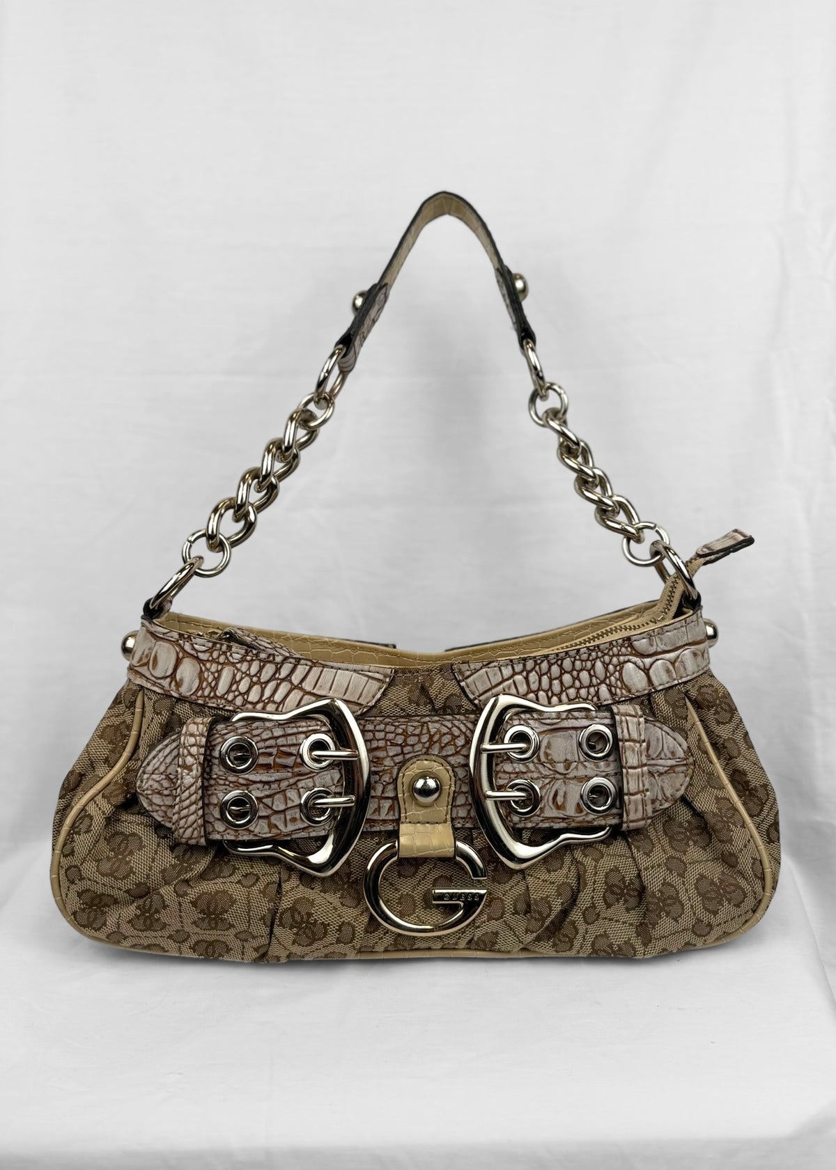 Vintage Guess Bag Cream Croco Belt Detail Silver