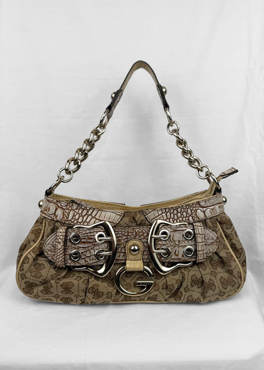 Vintage Guess Bag Cream Croco Belt Detail Silver