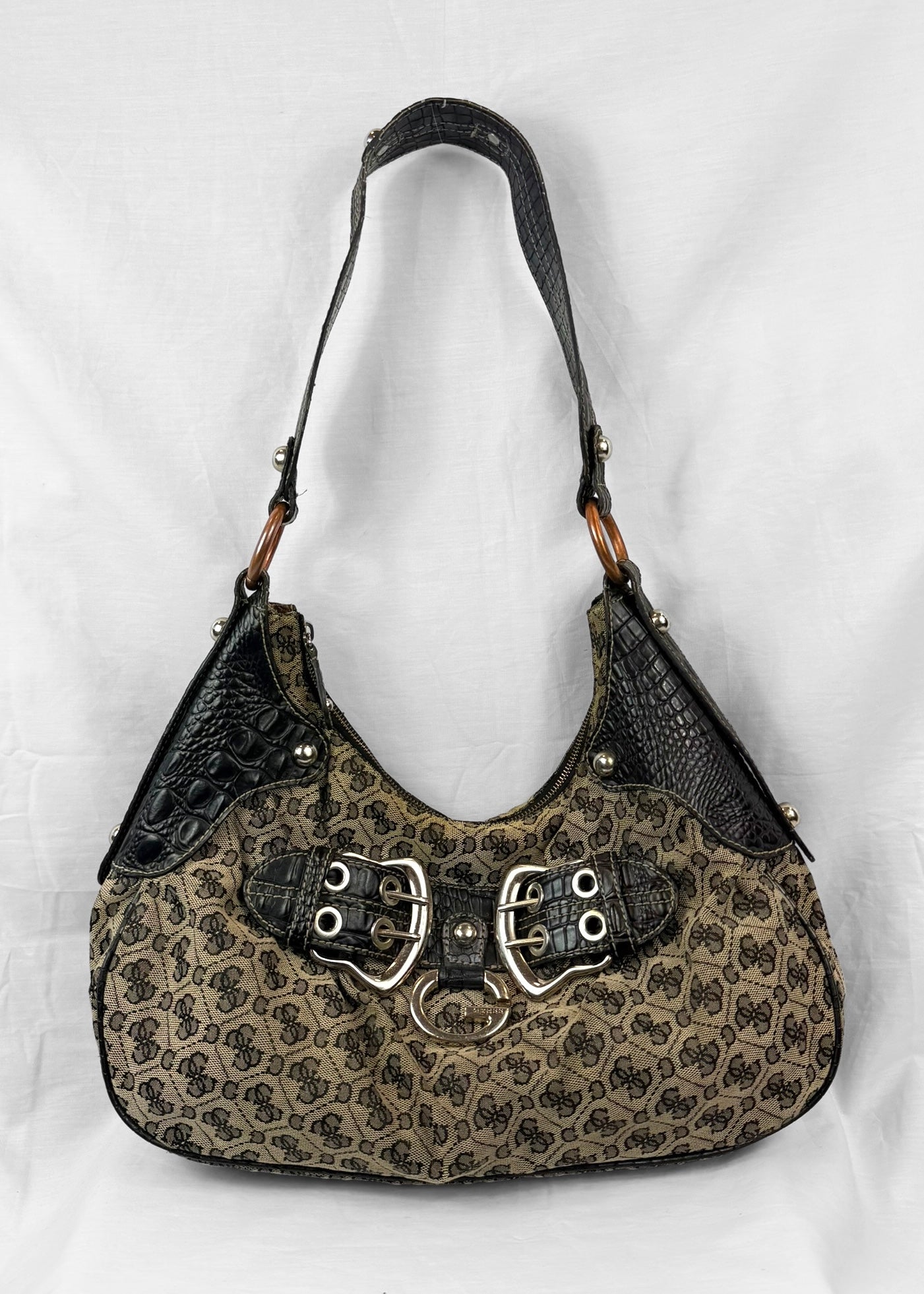 Rare Vintage Guess Y2K Shoulderbag in Croco Black Monogram G Buckle