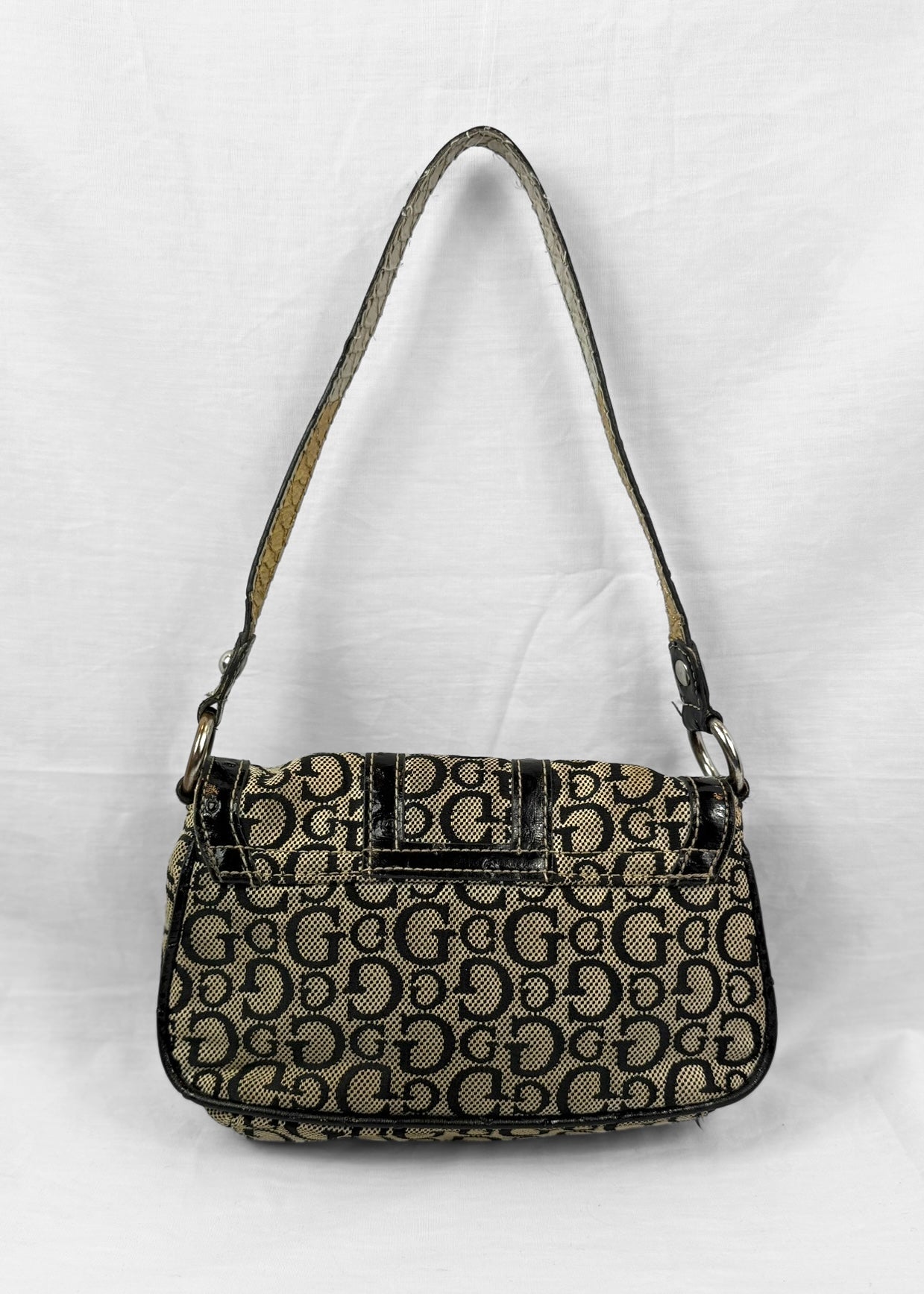Vintage Guess Small Shoulderbag Black Monogram Silver Buckle