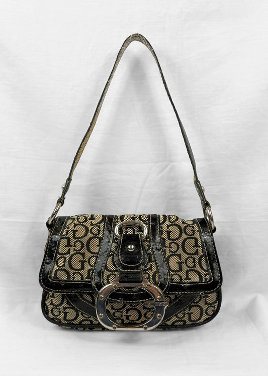Vintage Guess Small Shoulderbag Black Monogram Silver Buckle