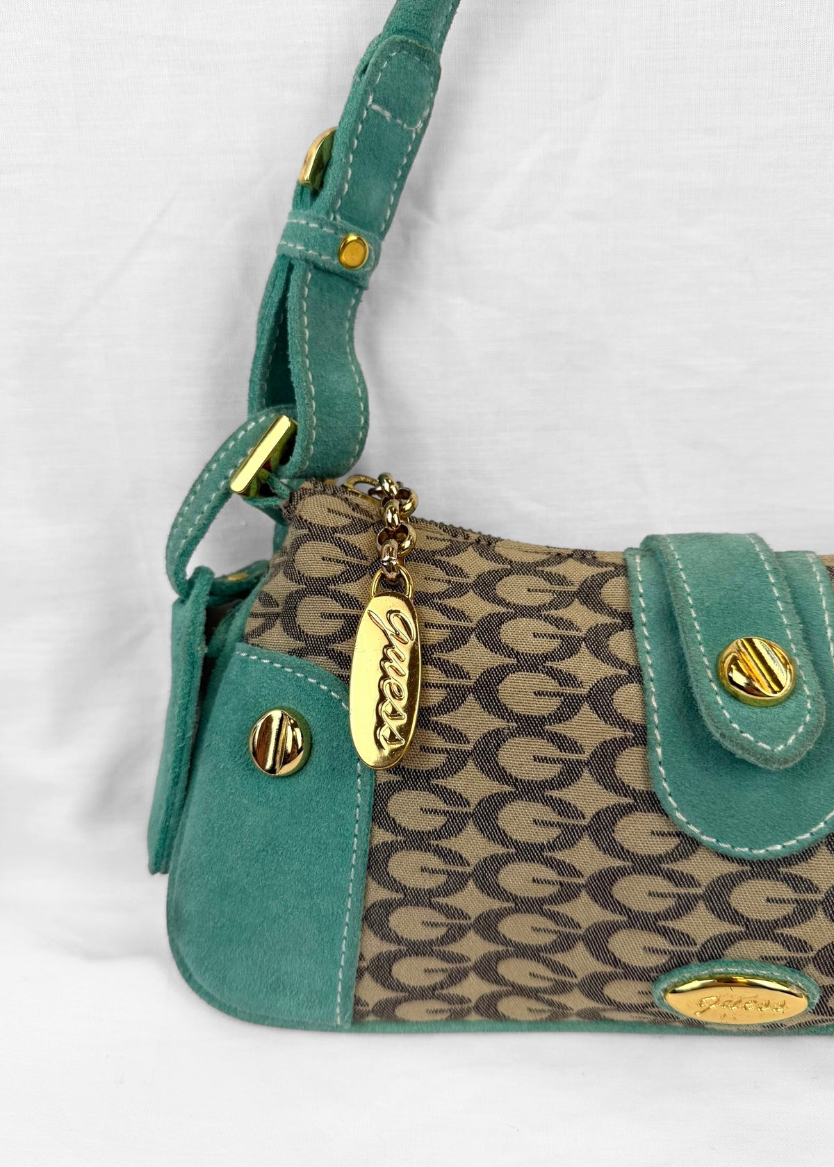 RARE Vintage Guess Bag Turquoise Suede Gold Details