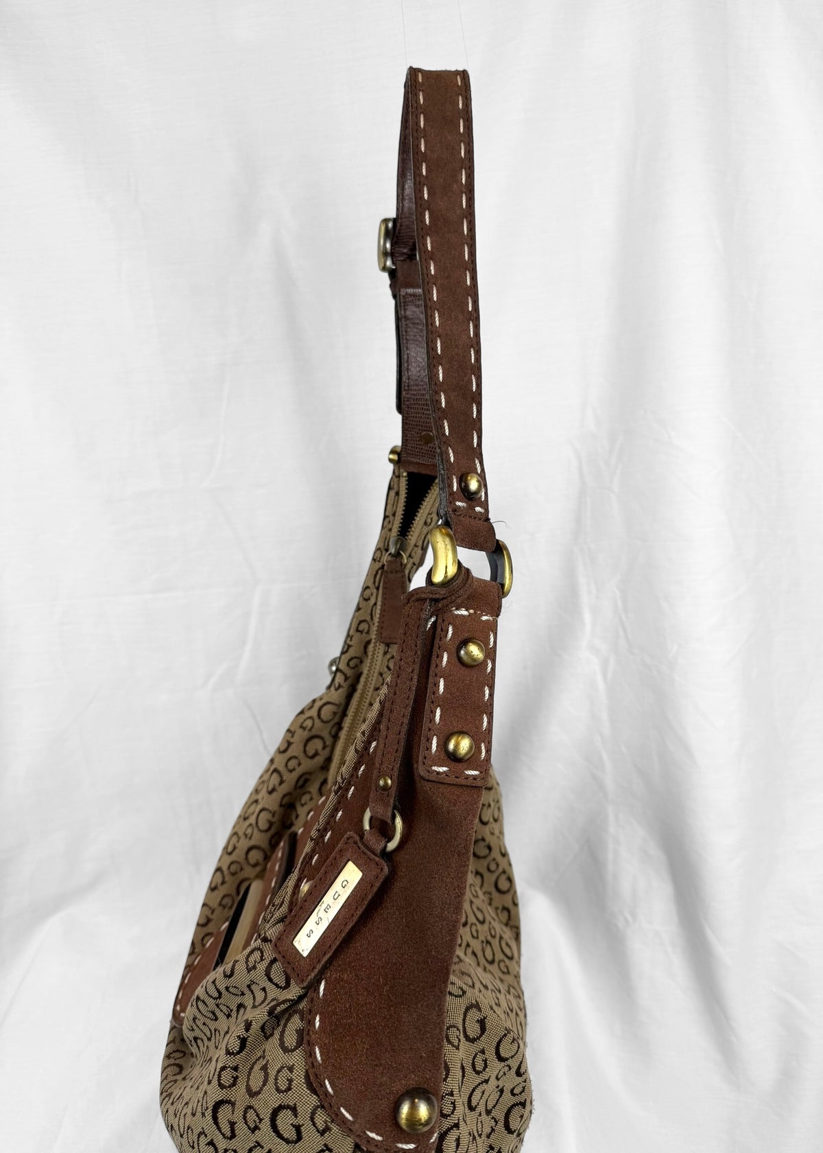 Vintage RARE Guess Bag in Brown Suede Monogram and Gold