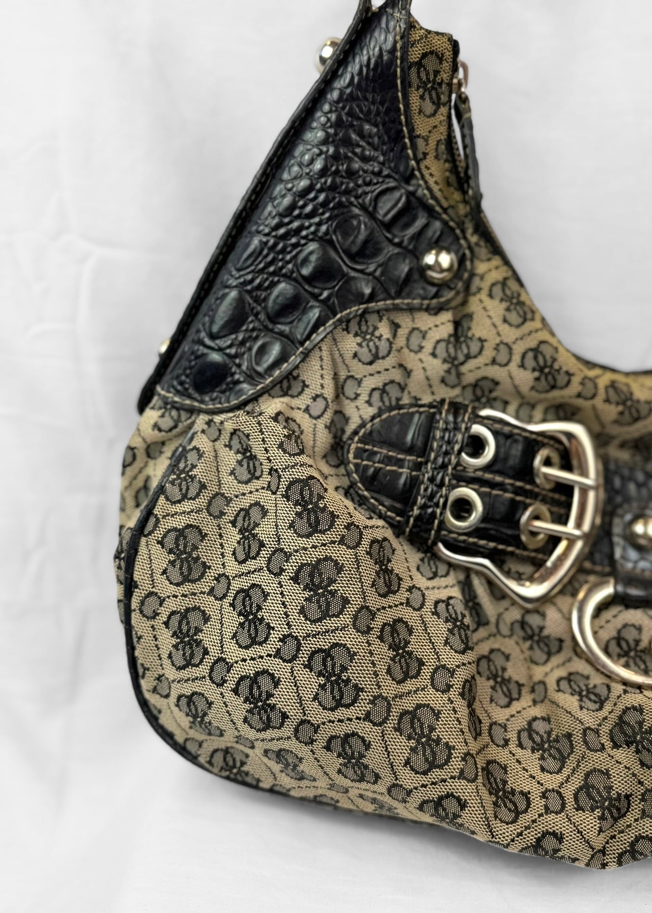 Rare Vintage Guess Y2K Shoulderbag in Croco Black Monogram G Buckle