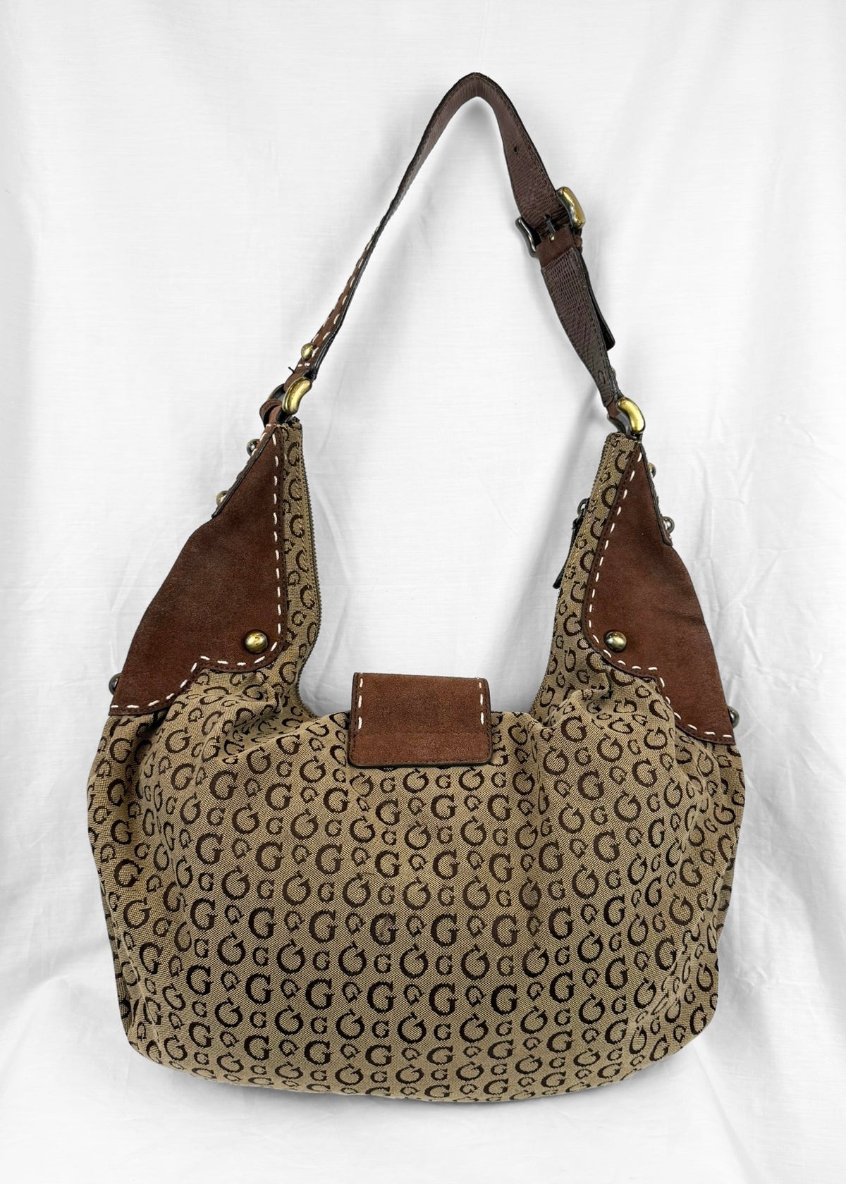 Vintage RARE Guess Bag in Brown Suede Monogram and Gold