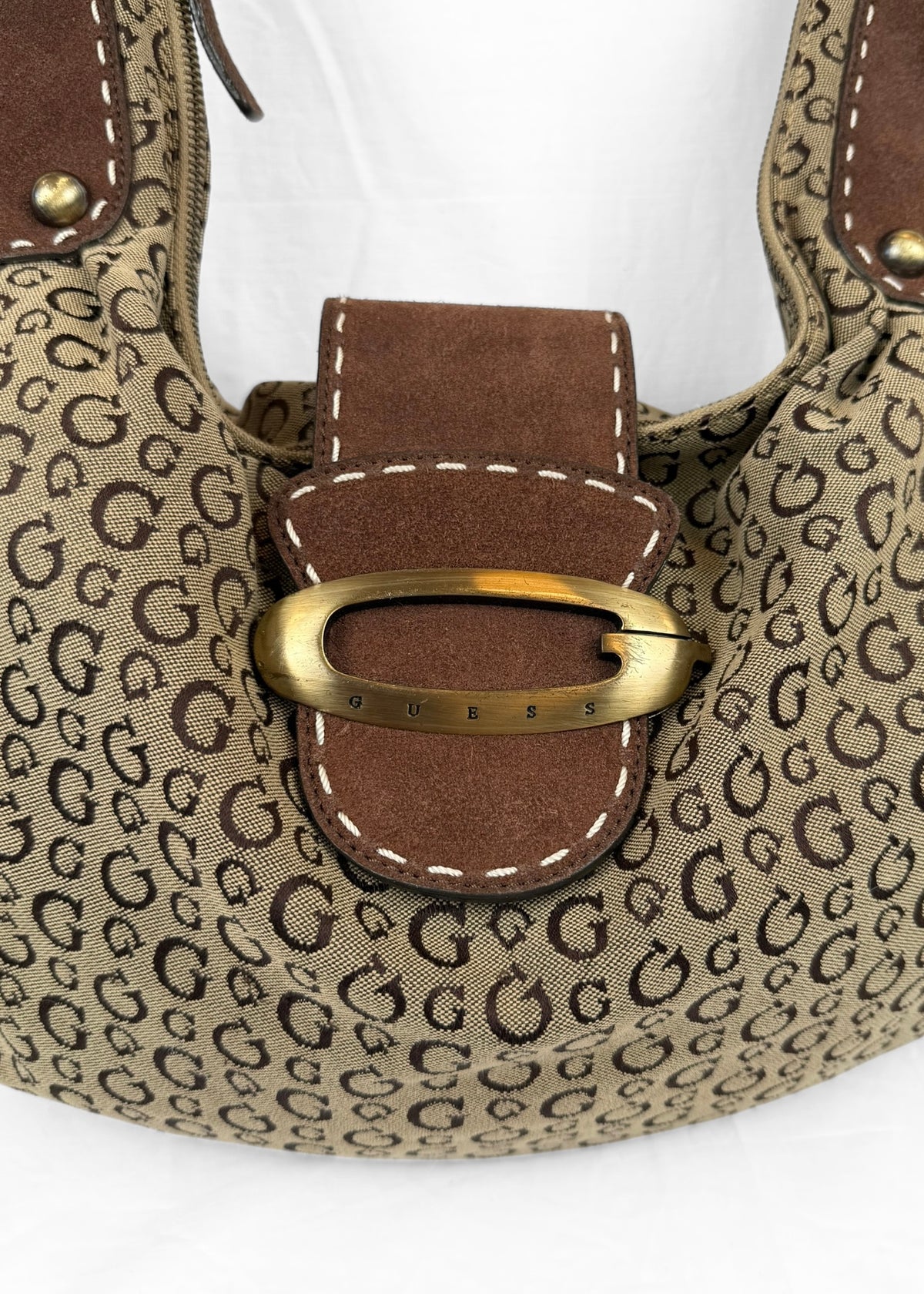 Vintage RARE Guess Bag in Brown Suede Monogram and Gold