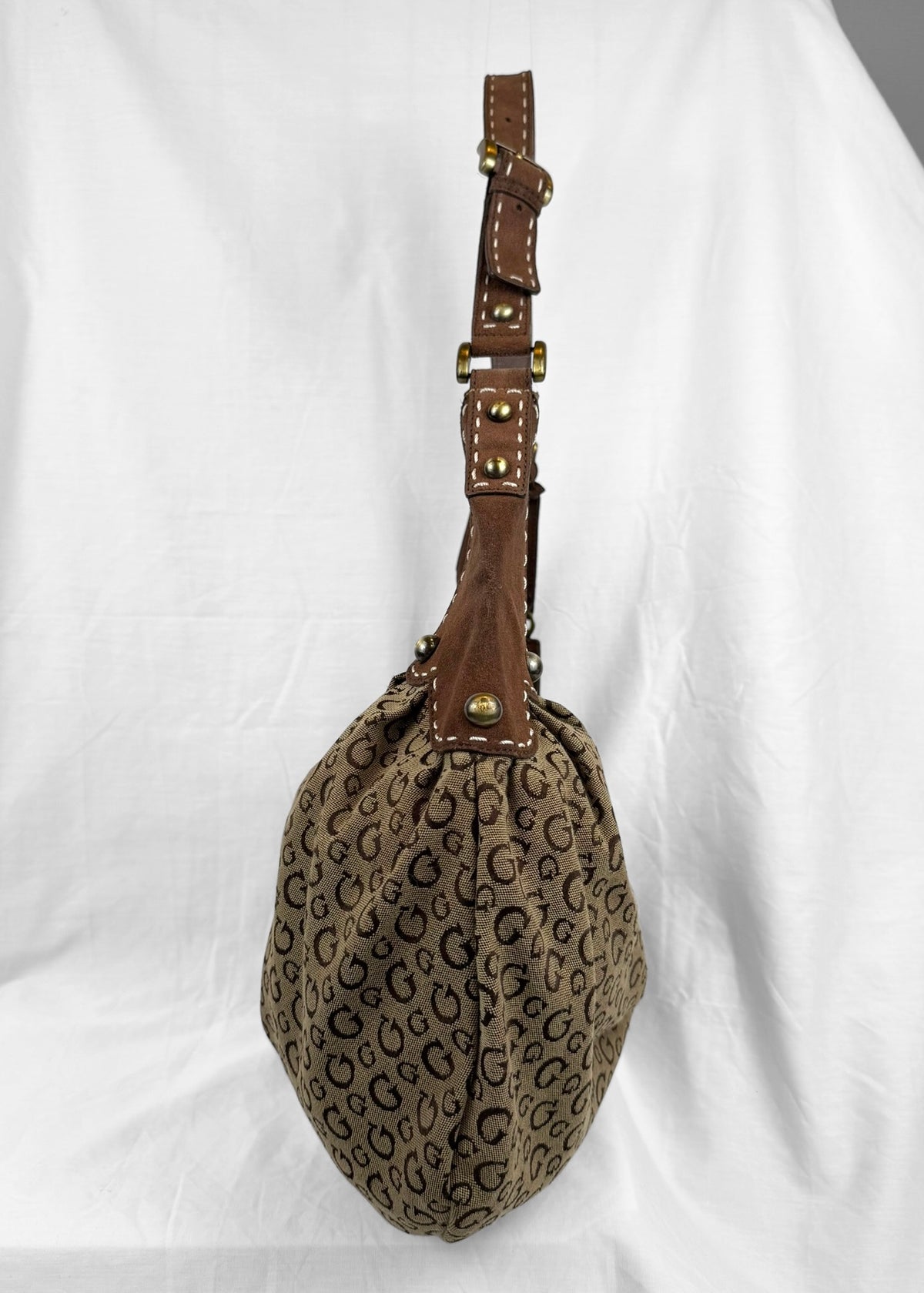 Vintage RARE Guess Bag in Brown Suede Monogram and Gold