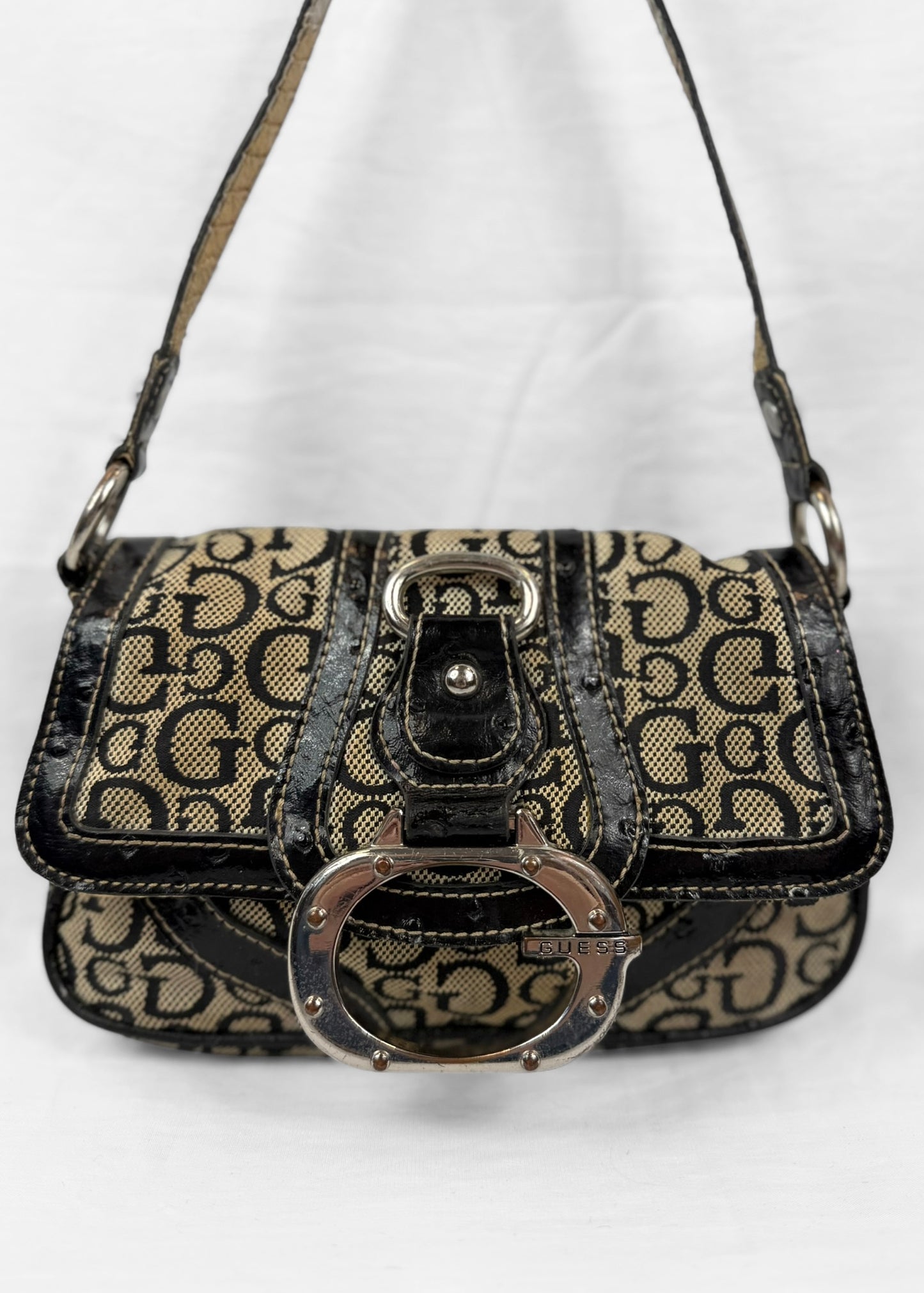 Vintage Guess Small Shoulderbag Black Monogram Silver Buckle
