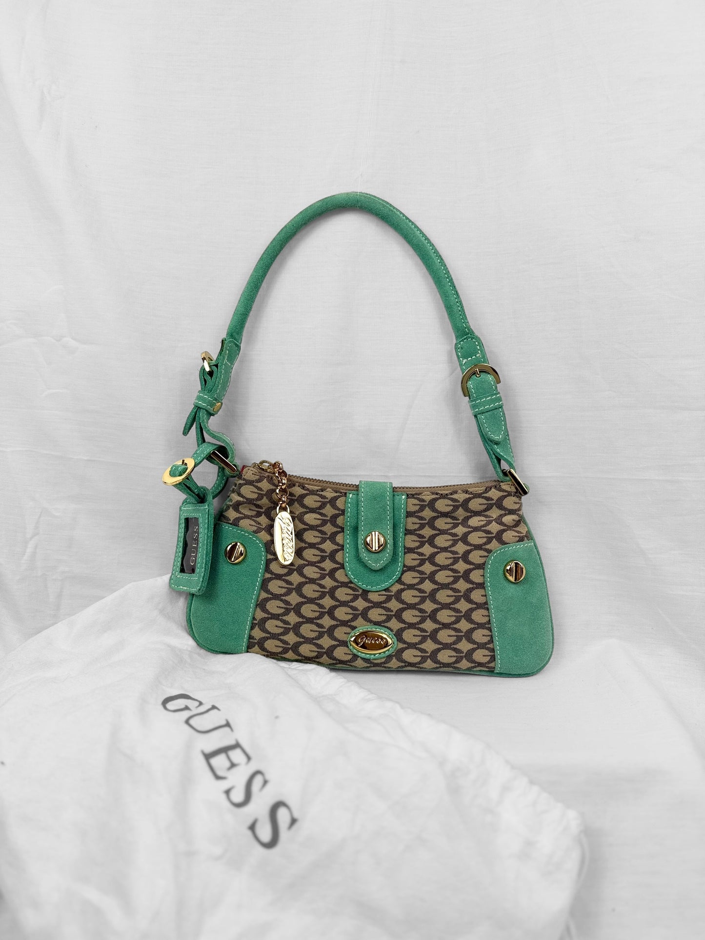 RARE Vintage Guess Bag Turquoise Suede Gold Details