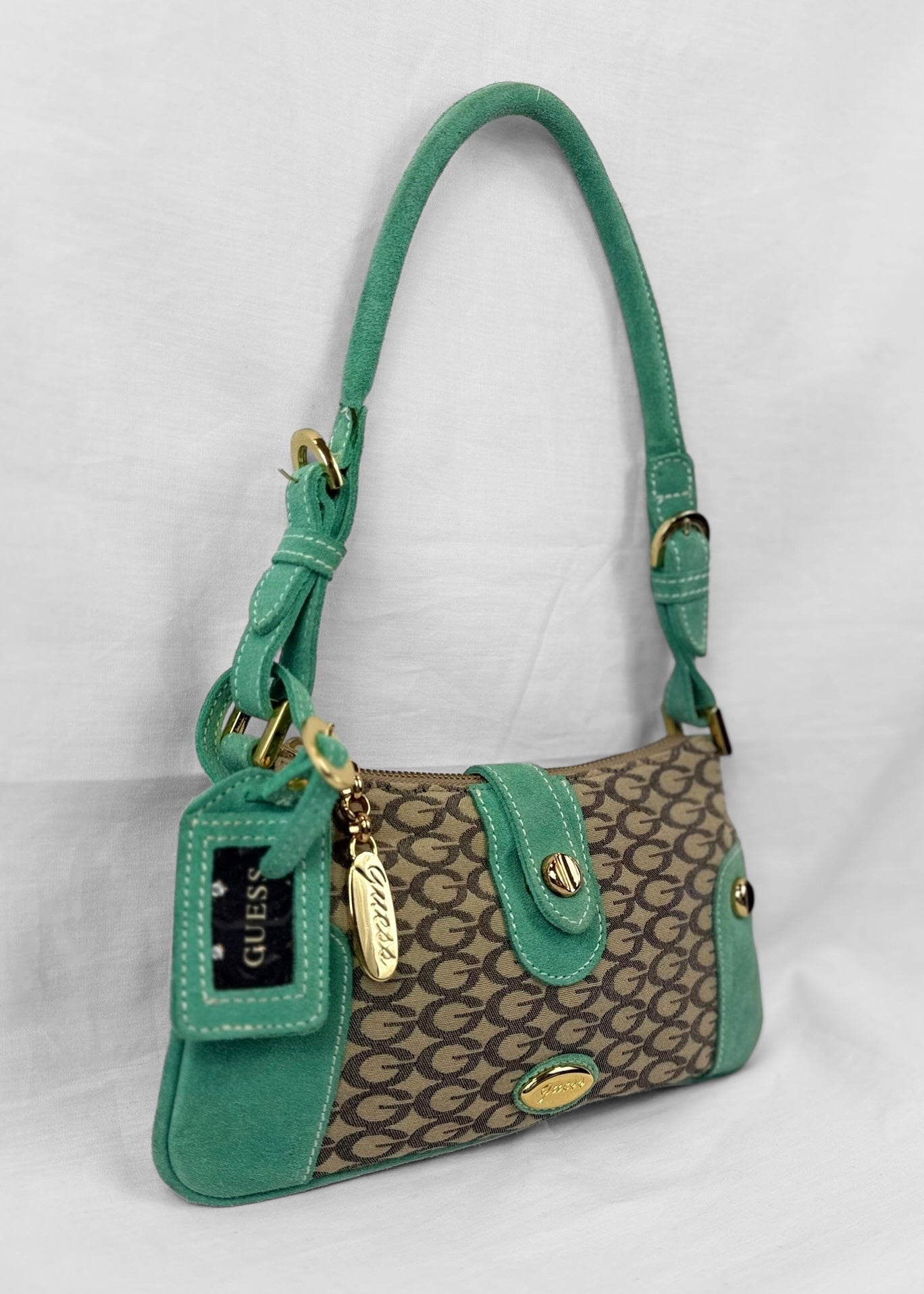 RARE Vintage Guess Bag Turquoise Suede Gold Details