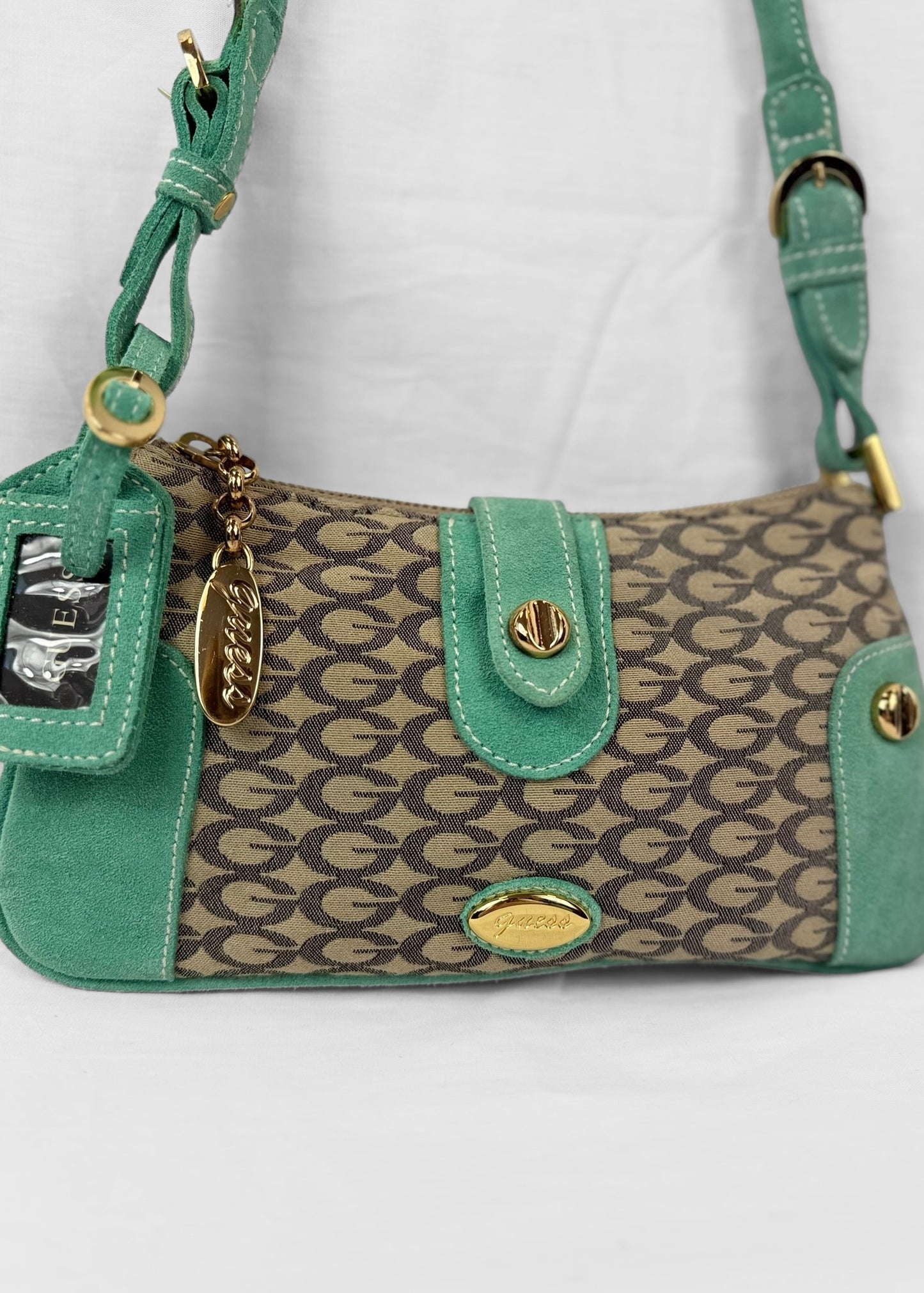 RARE Vintage Guess Bag Turquoise Suede Gold Details
