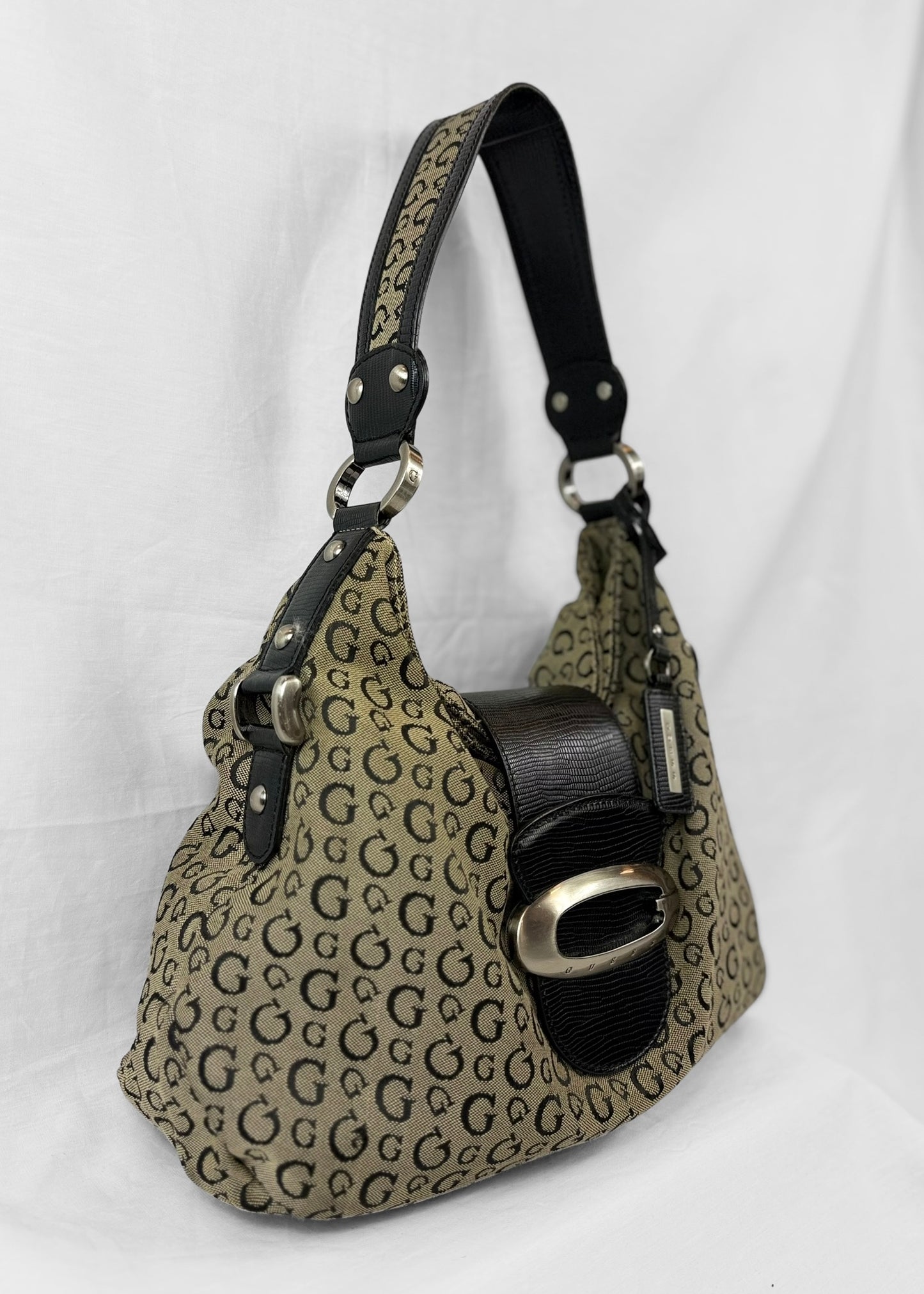 Vintage Guess Y2K Monogram Hobo Bag Black Brown