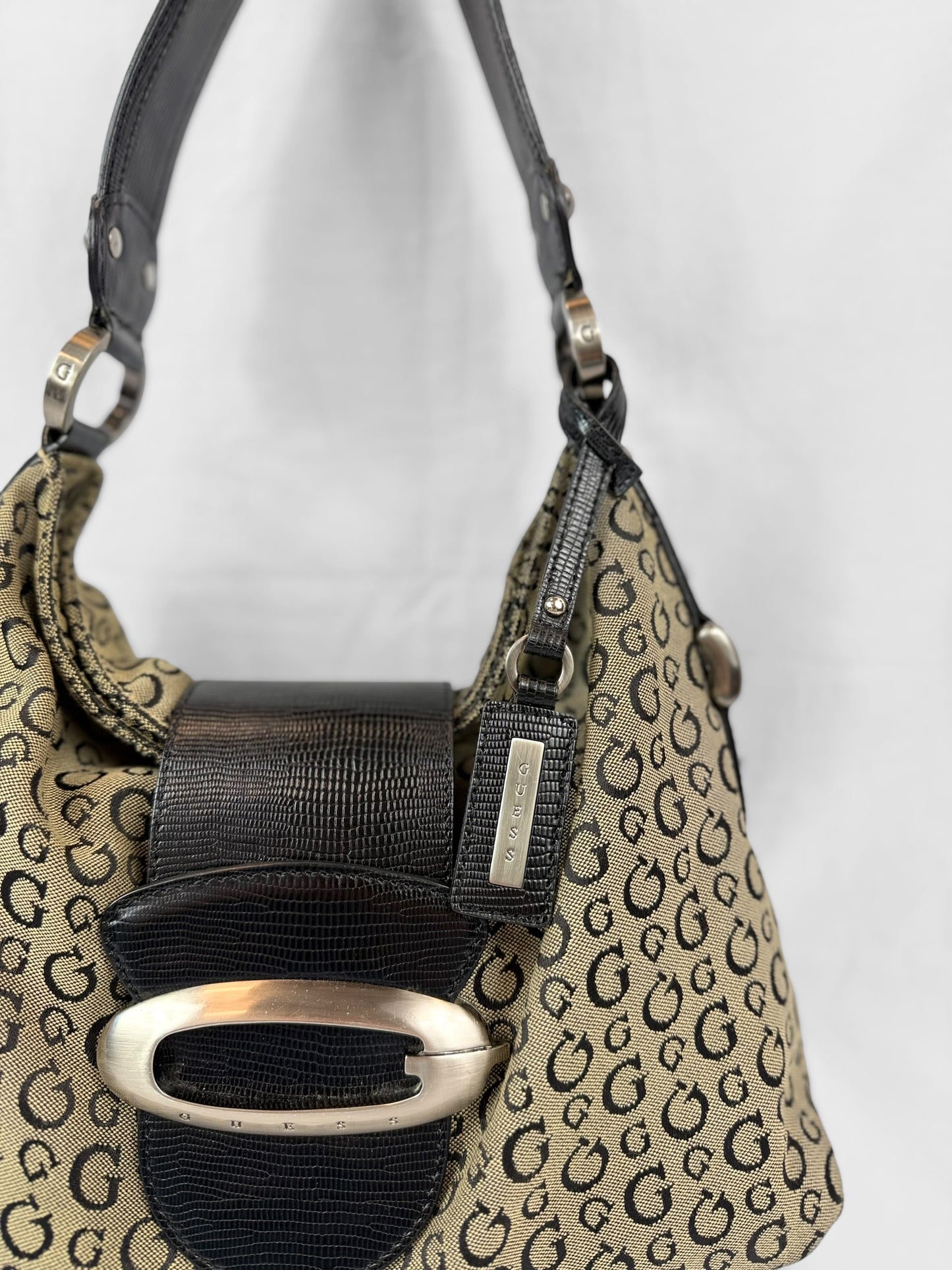 Vintage Guess Y2K Monogram Hobo Bag Black Brown