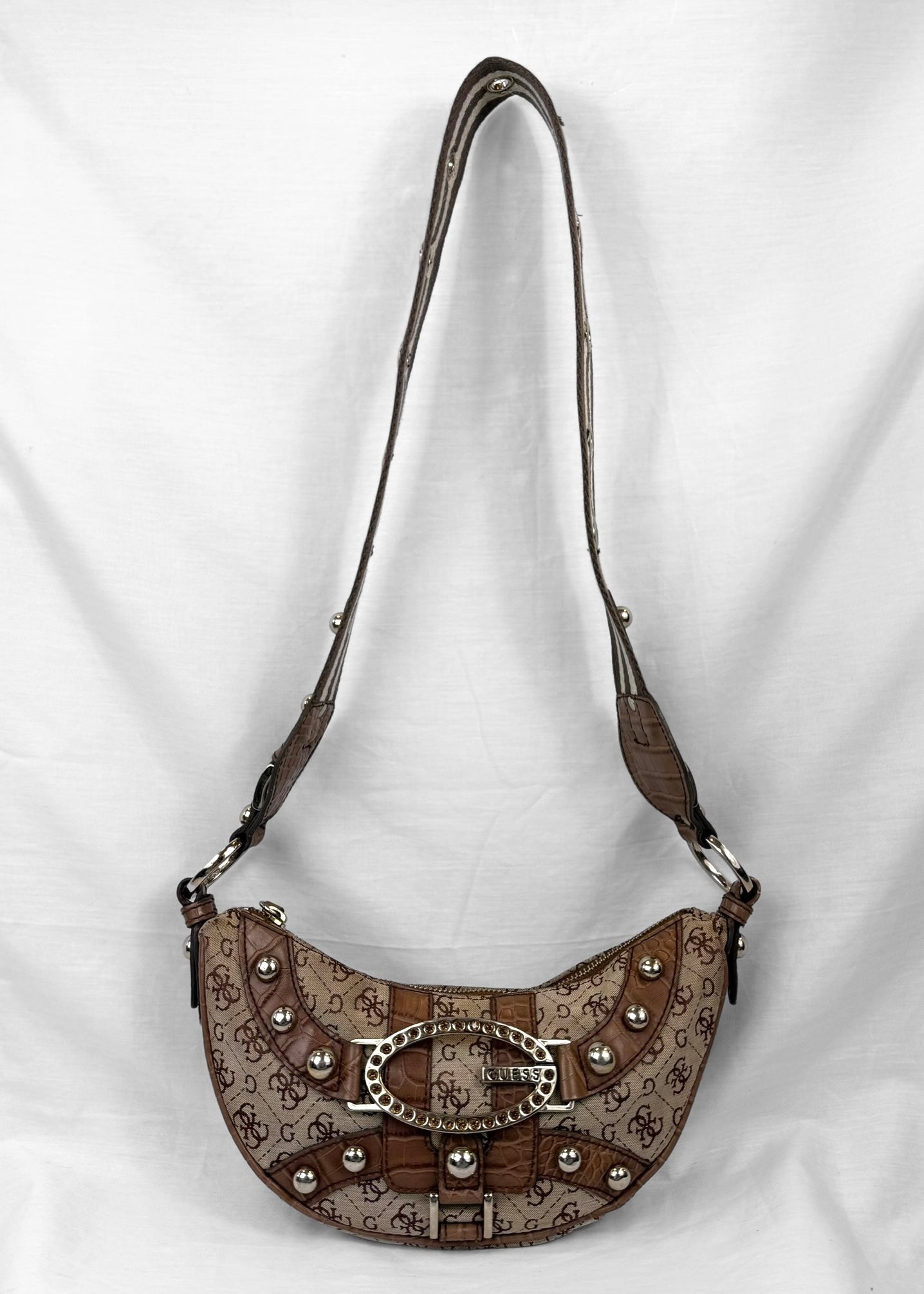 Vintage Guess Crossbody Bag in Brown Monogram and Striped Strap