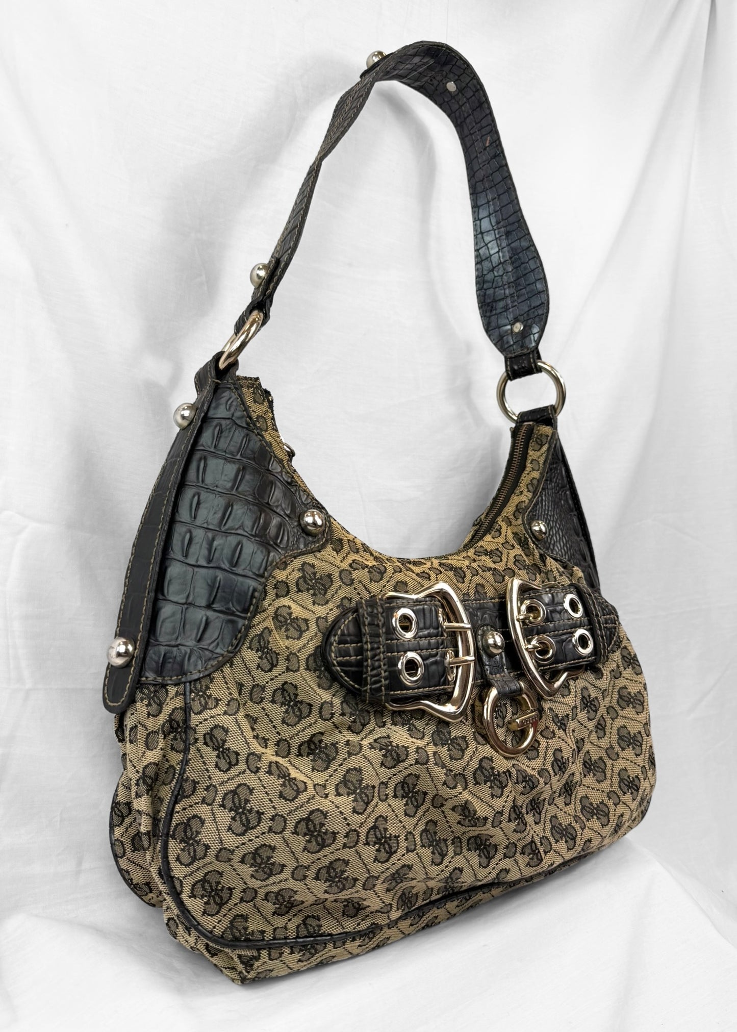 Rare Vintage Guess Y2K Shoulderbag in Croco Black Monogram G Buckle
