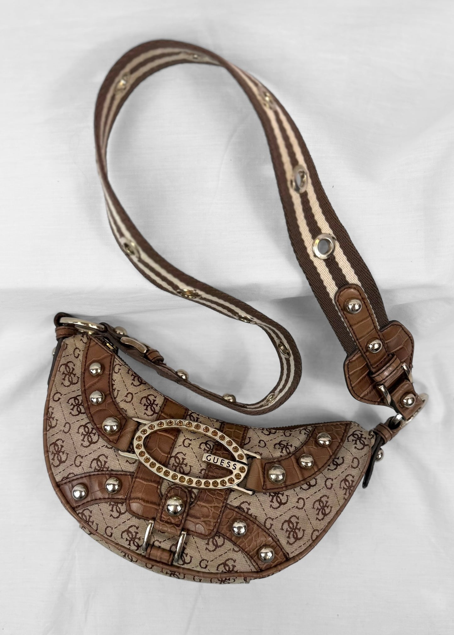 Vintage Guess Crossbody Bag in Brown Monogram and Striped Strap