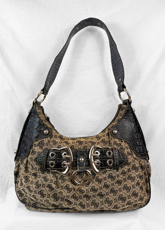 Rare Vintage Guess Y2K Shoulderbag in Croco Black Monogram G Buckle