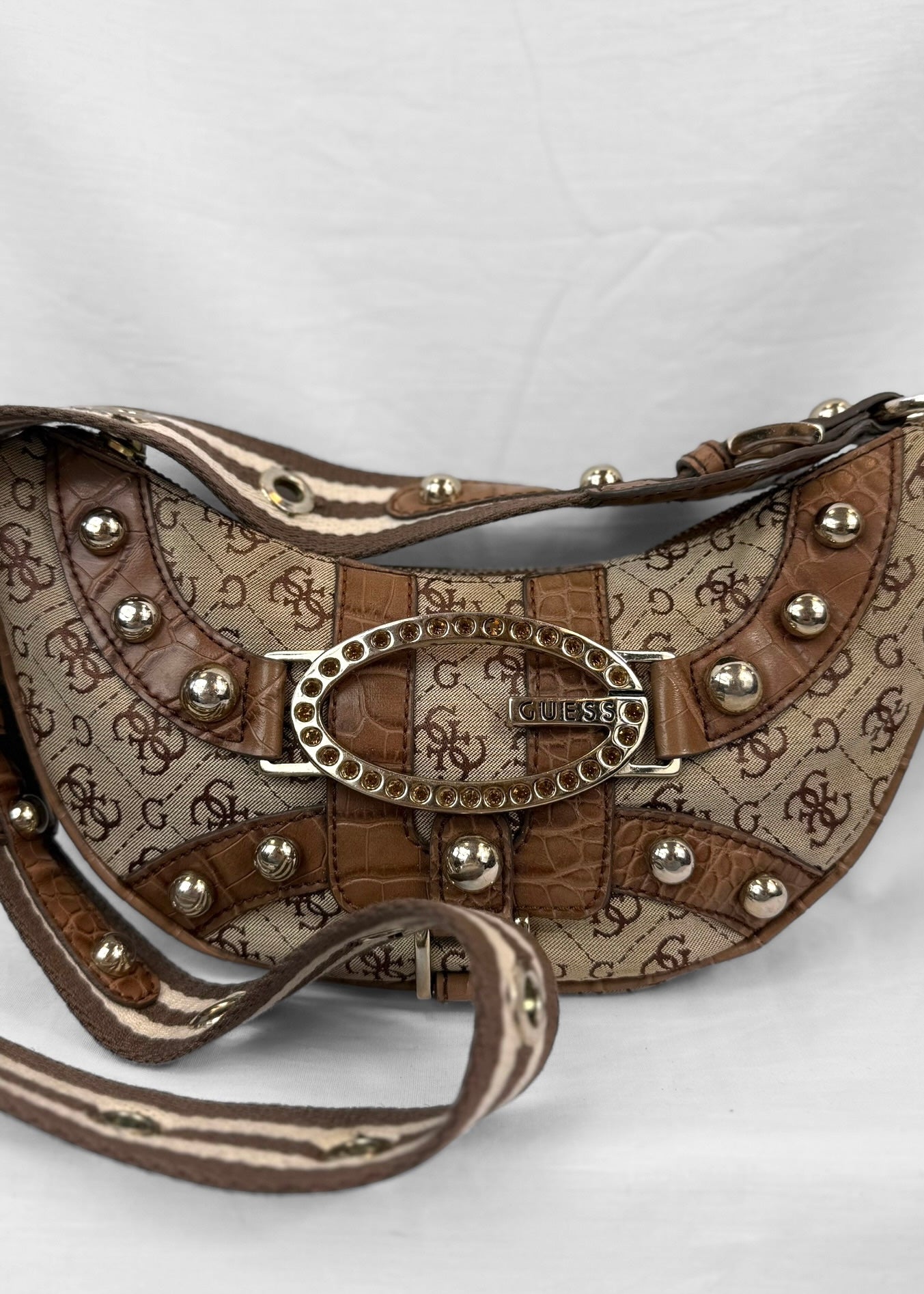 Vintage Guess Crossbody Bag in Brown Monogram and Striped Strap