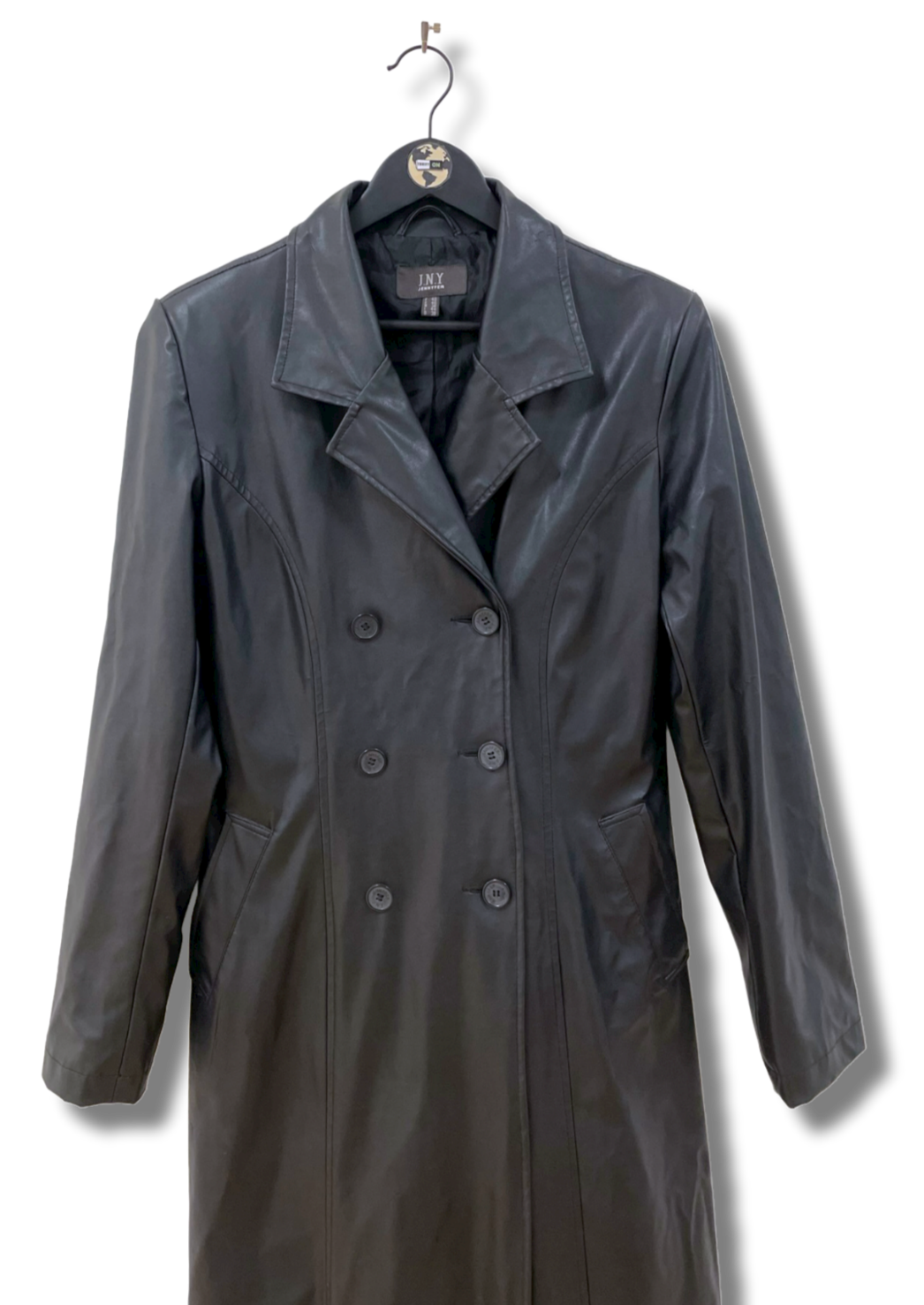 Long Faux Leather Trench Jacket L